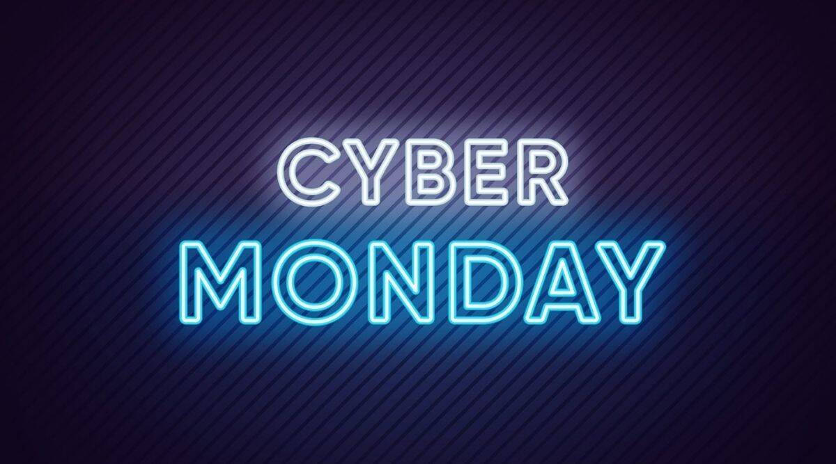 Monday 桌布 壁紙 — 大膽的霓虹藍色和白色「CYBER MONDAY」文字在深紫色斜紋背景上發光。