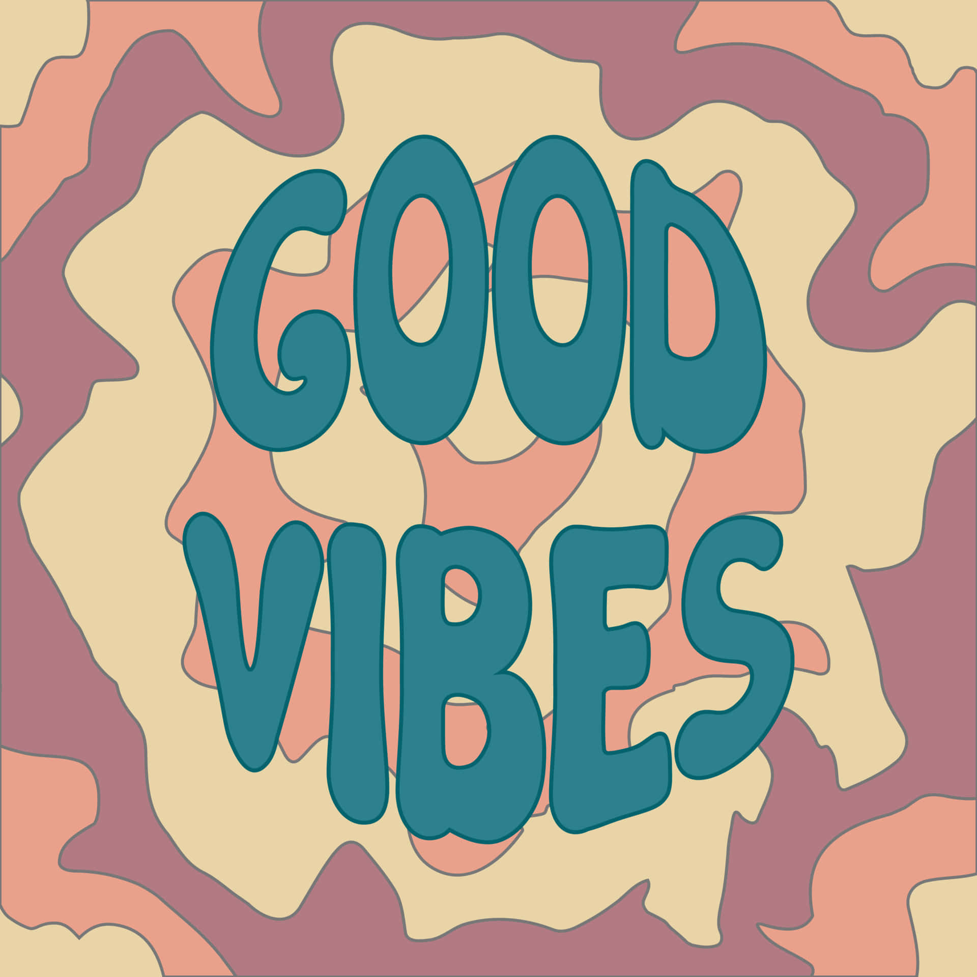 Vibes 桌布 壁紙 — 大膽的青綠色「GOOD VIBES」文字漂浮在桃色、紫紅色和奶油色的迷幻漩渦之上。