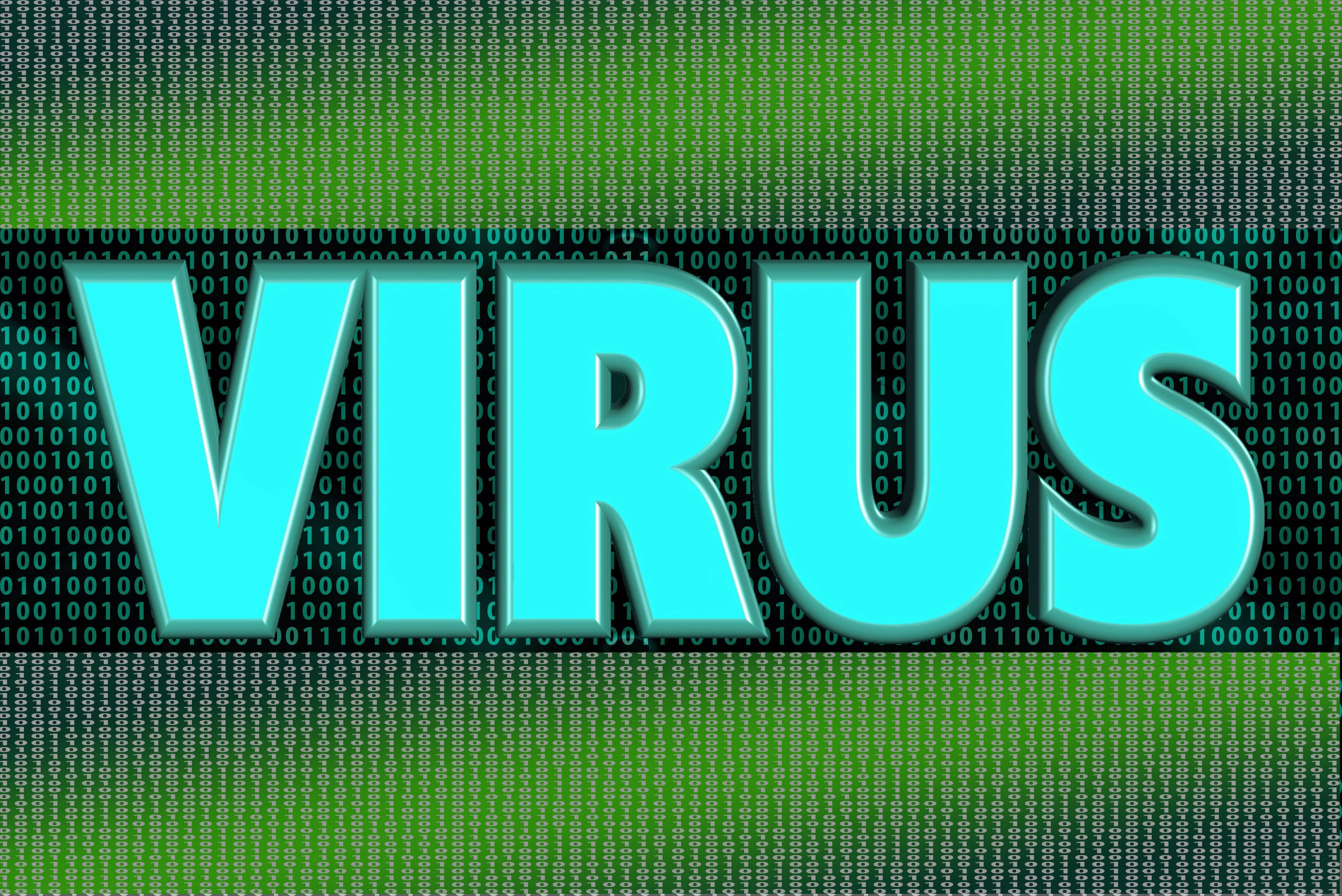 Typography 桌布 壁紙 — 大膽的青色3D文字拼寫出VIRUS，主導著由滾動二進制代碼組成的綠色數位矩陣。