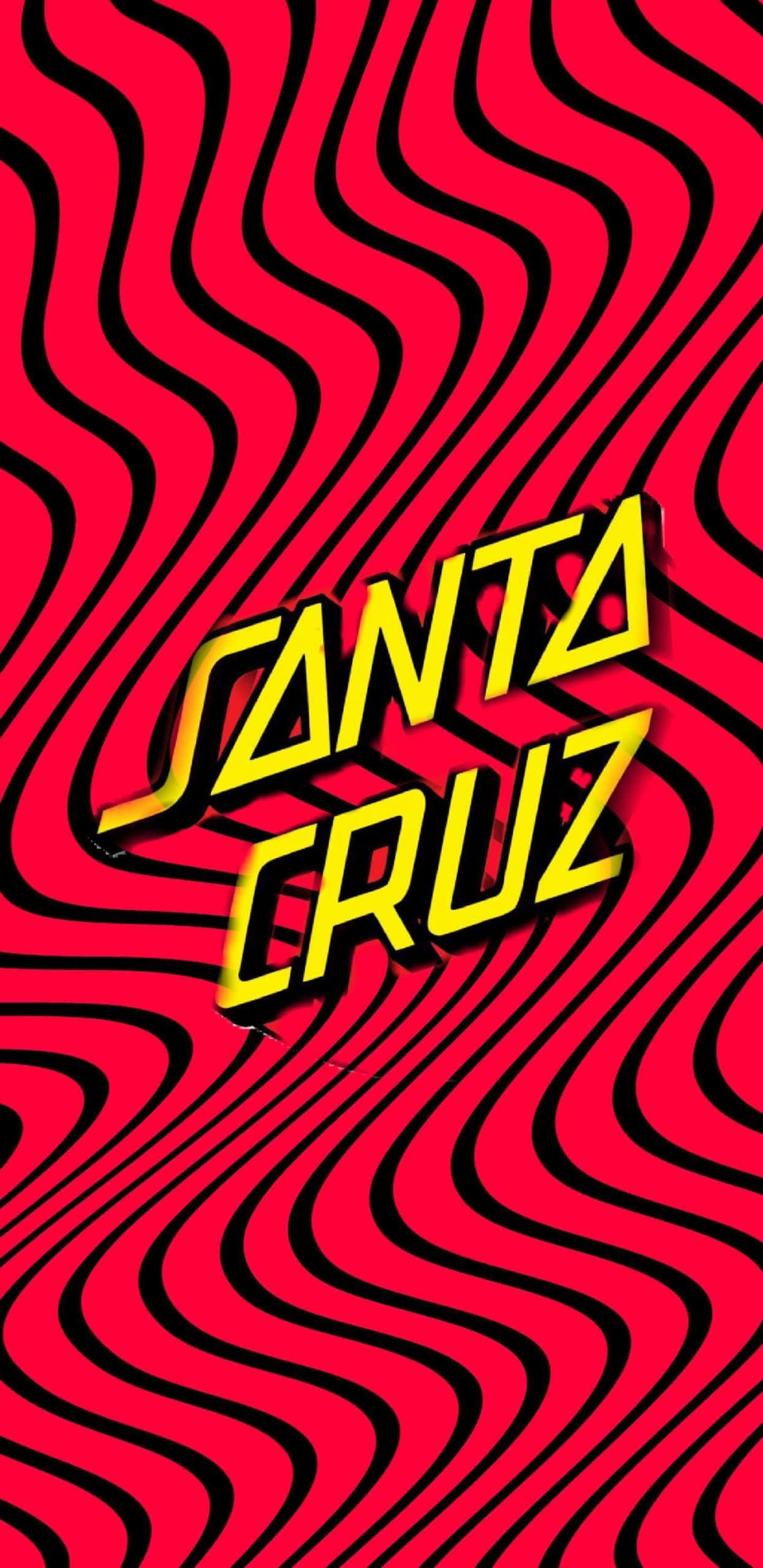 Santa Cruz 桌布 壁紙 — 大膽的黃色 Santa Cruz 標誌漂浮在催眠的紅色和黑色波浪條紋上，形成高對比度的圖形設計。