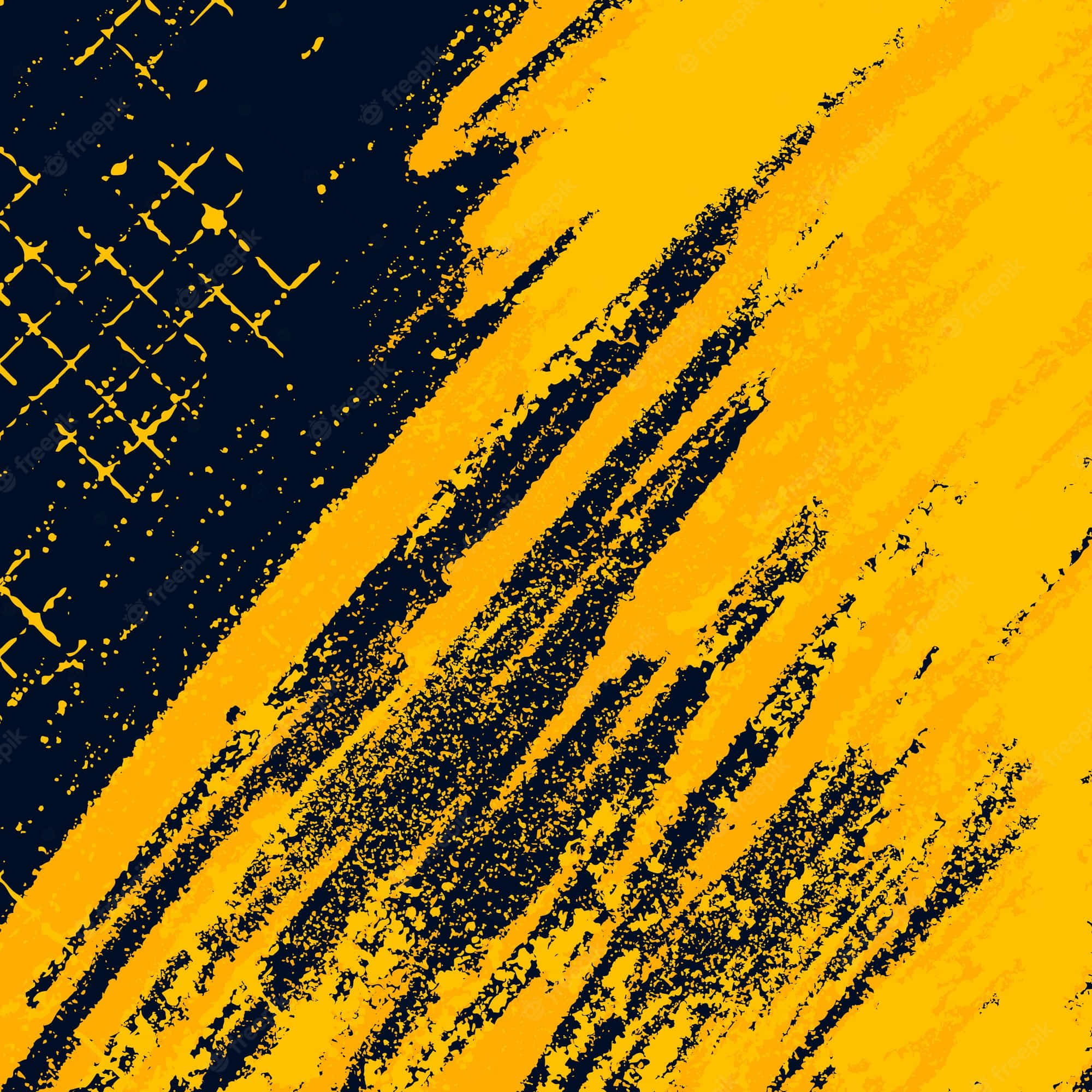 Yellow Grunge 桌布 壁紙 — 大膽的黃色和深藍色對角線筆觸，配合飛濺和網格點綴，營造出高對比度的抽象紋理。