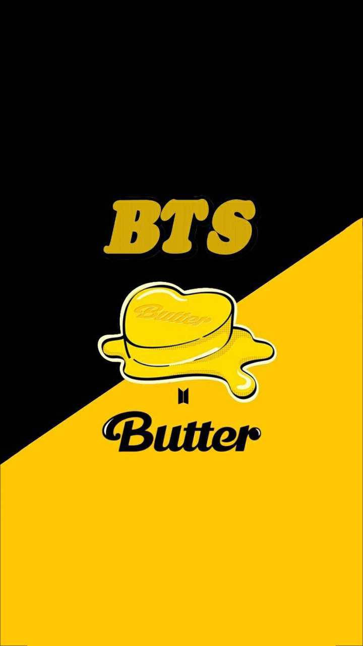 Butter 桌布 壁紙 — 大膽的黃色和黑色牆紙，帶有BTS Butter標誌和滴落牛油圖案。