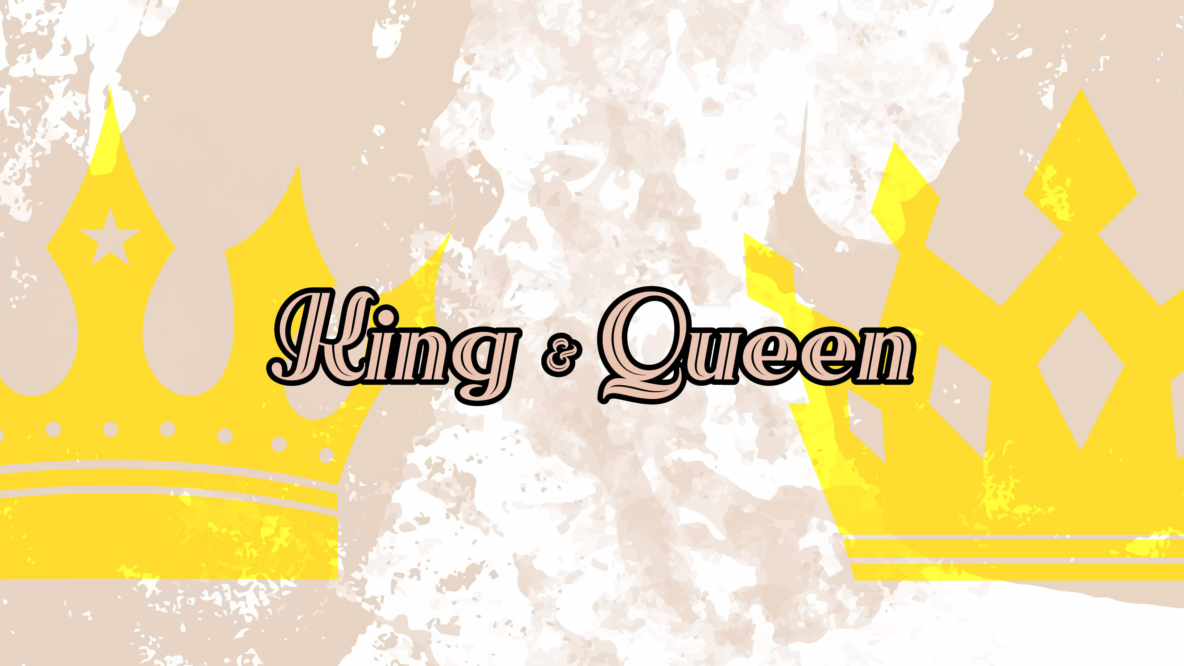 Queen 桌布 壁紙 — 大膽的黃色皇冠襯托著優雅的草書文字 King & Queen，背景為帶紋理的米色和白色。