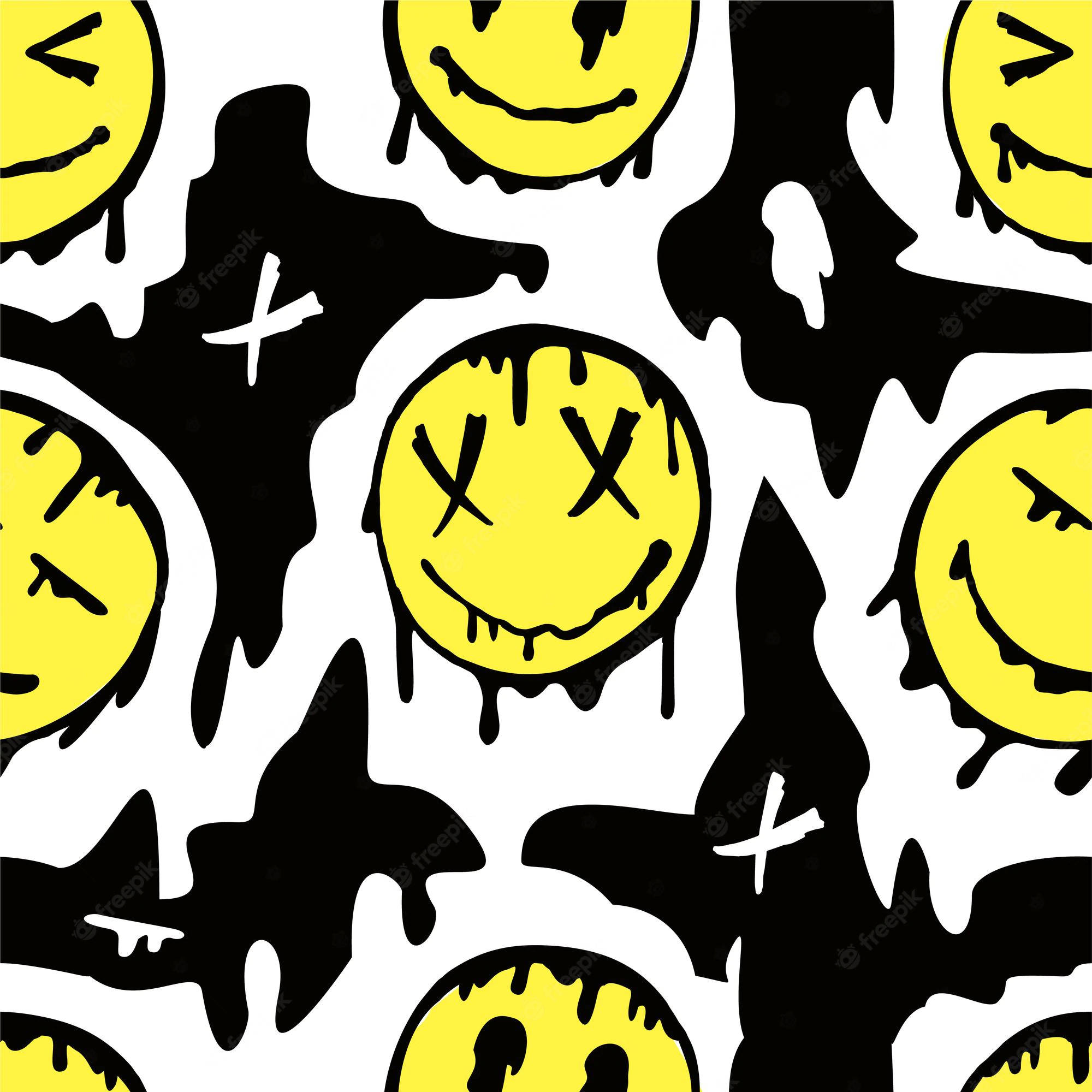 emoji 桌布 壁紙 — 大膽的黃色笑臉，帶有滴落的黑色油漆和X形眼睛，在純白色背景上。