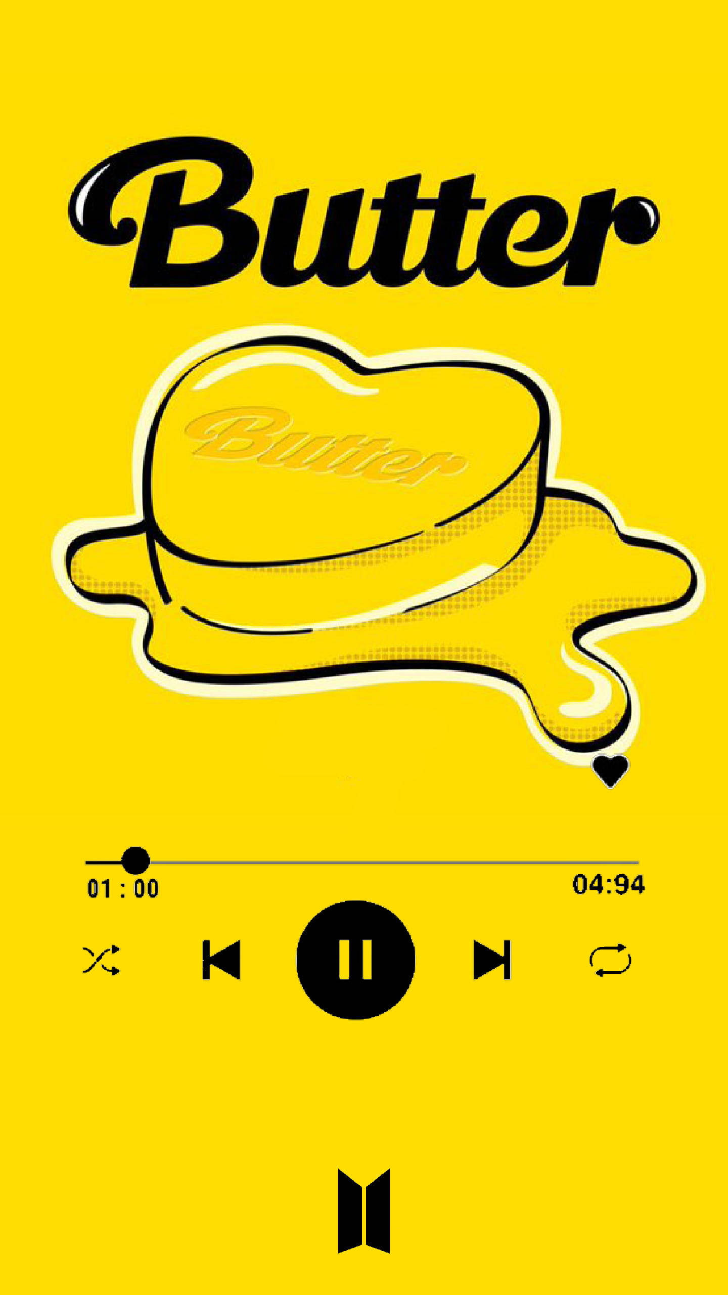 Butter 桌布 壁紙 — 大膽的黃色背景，帶有融化的牛油棒、「Butter」文字和音樂播放器控制項。