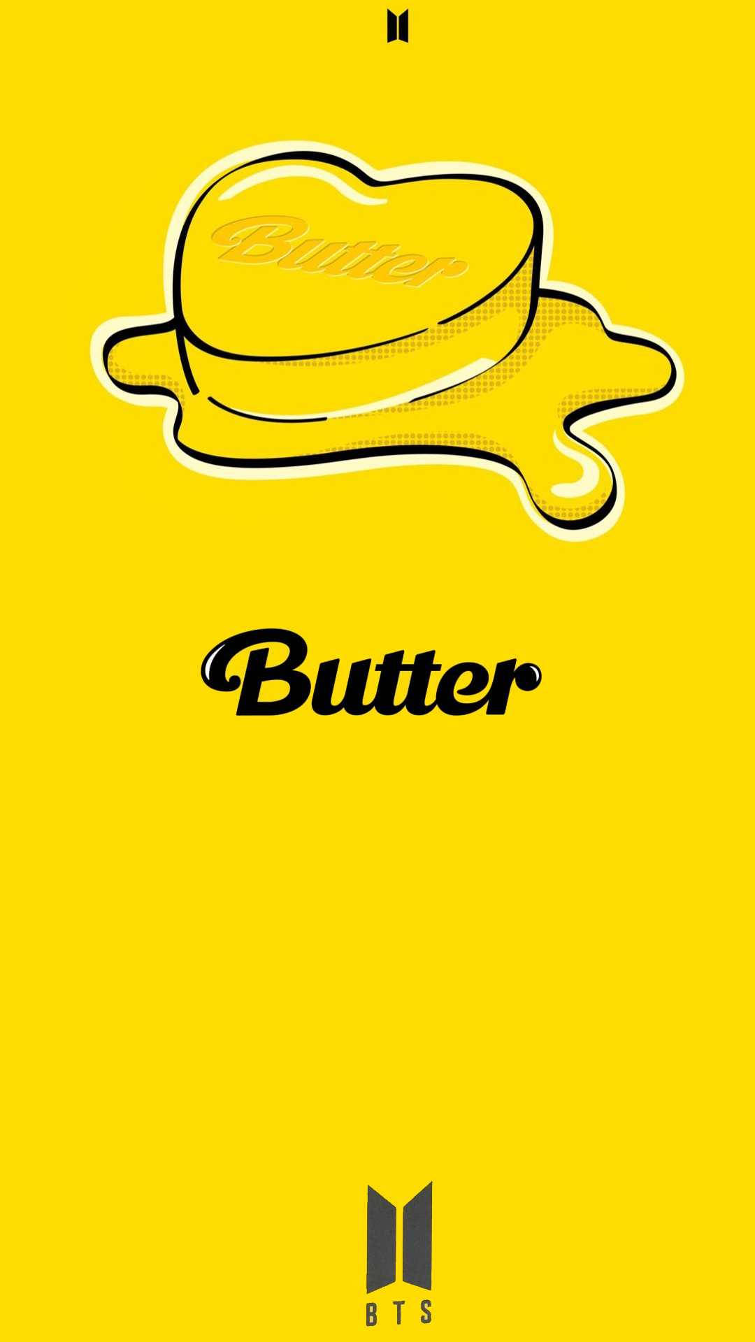 Butter 桌布 壁紙 — 大膽的黃色背景上，有一塊正在融化的牛油，上下方以風格化字體寫著「Butter」字樣。