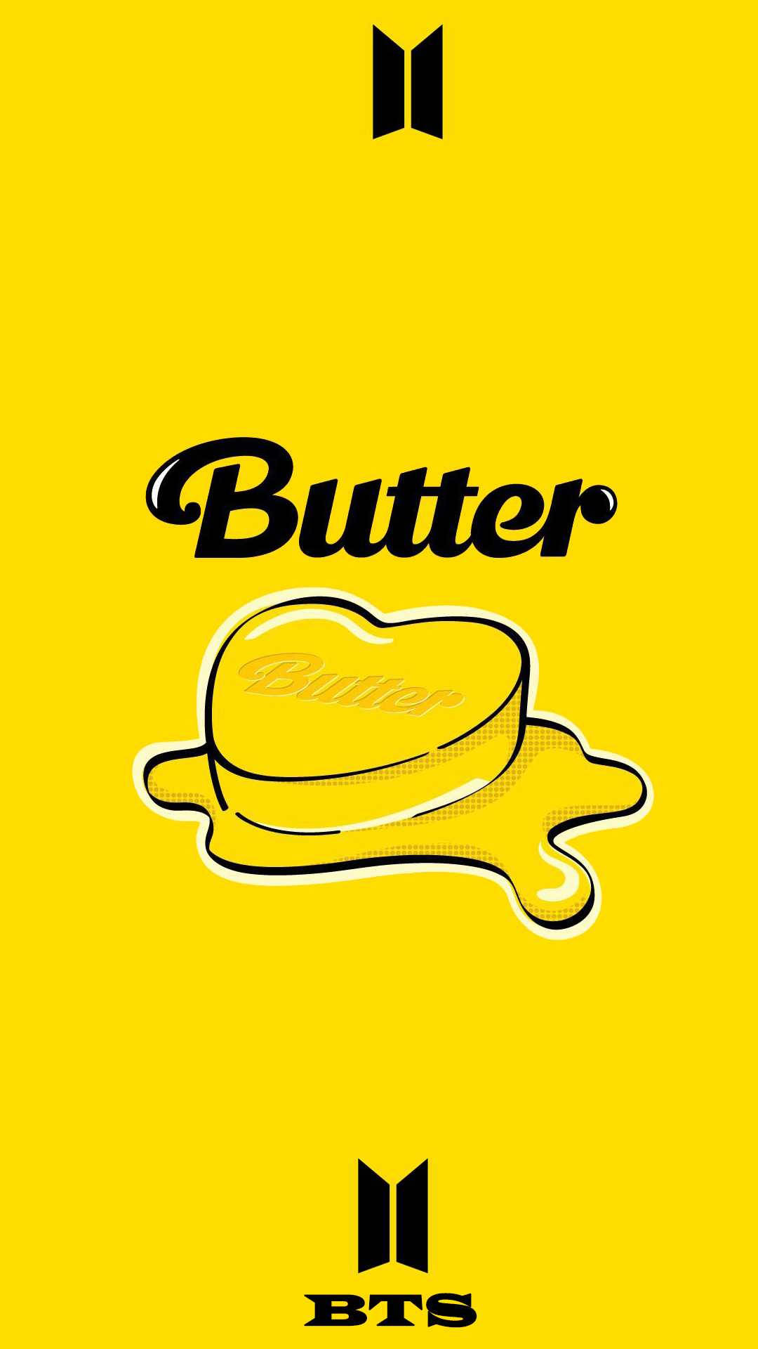 Butter 桌布 壁紙 — 大膽的黃色背景上有一塊融化的牛油，上面有黑色草書的「Butter」字樣，頂部和底部有BTS標誌。