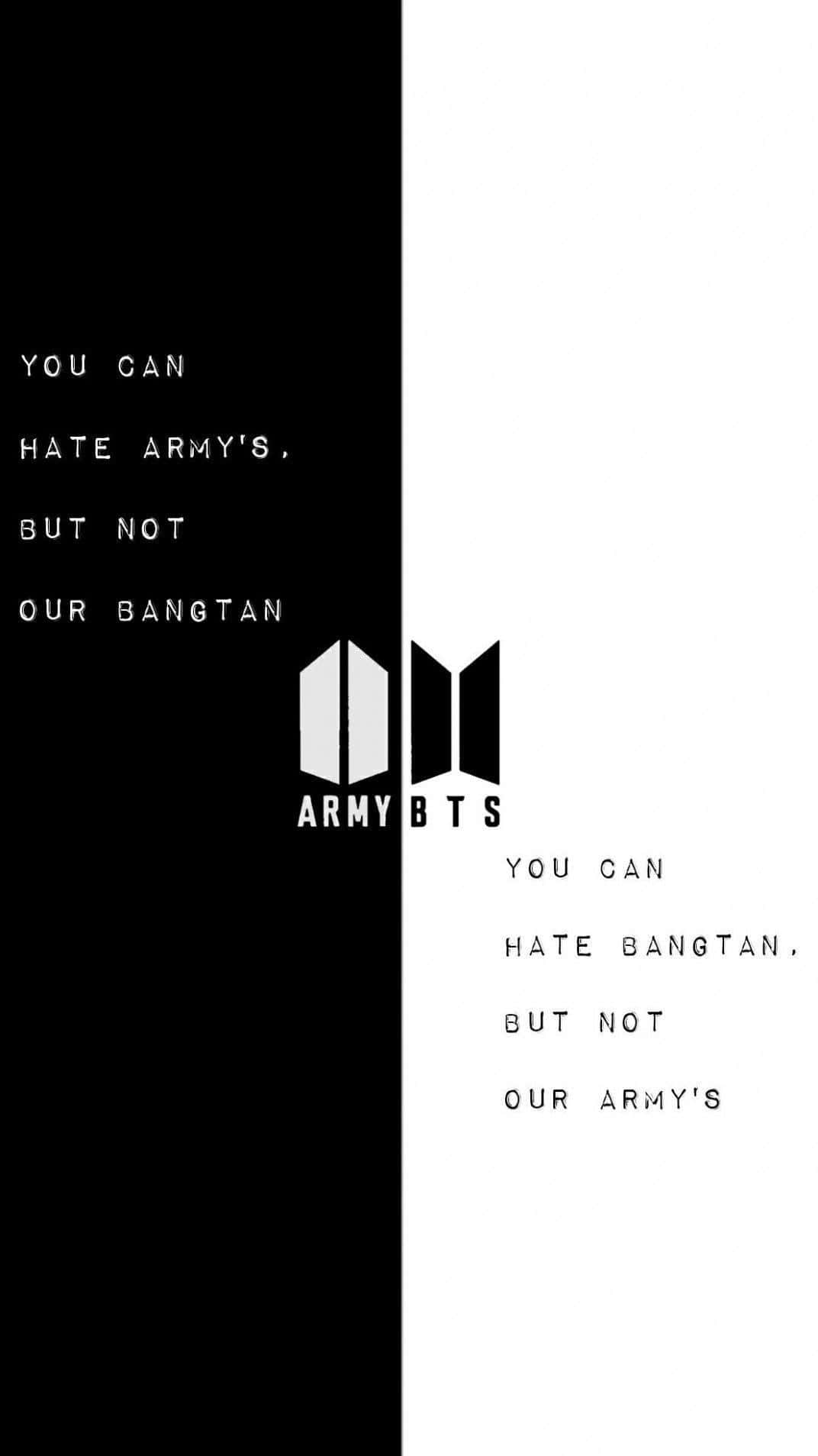 Bts Icon 桌布 壁紙 — 大膽的黑白分屏，以極簡字體呈現BTS標誌和鏡像粉絲口號。