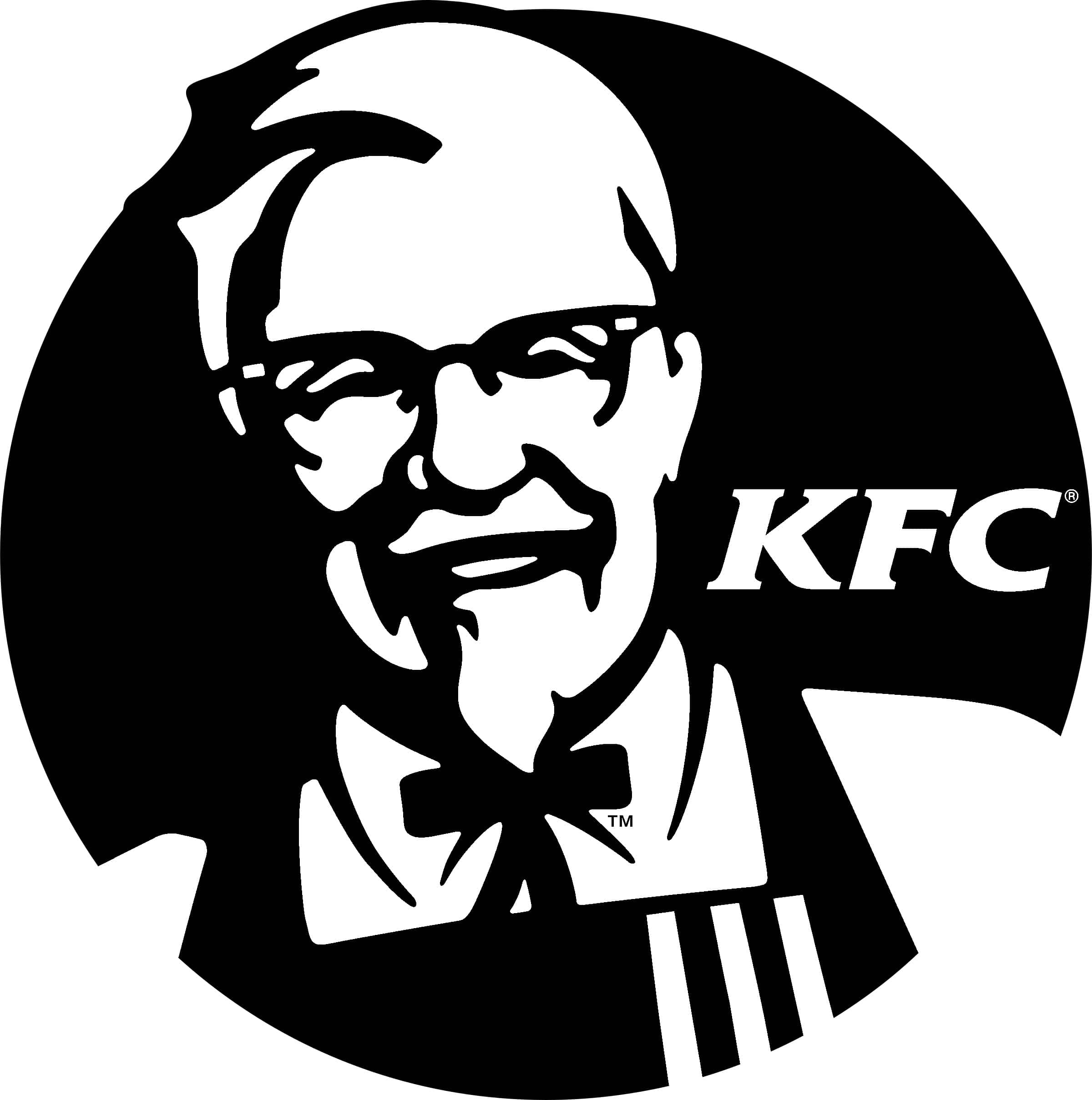 Black And White Logo 桌布 壁紙 — 大膽的黑白標誌，山德士上校戴著眼鏡和領結微笑，旁邊有KFC文字。