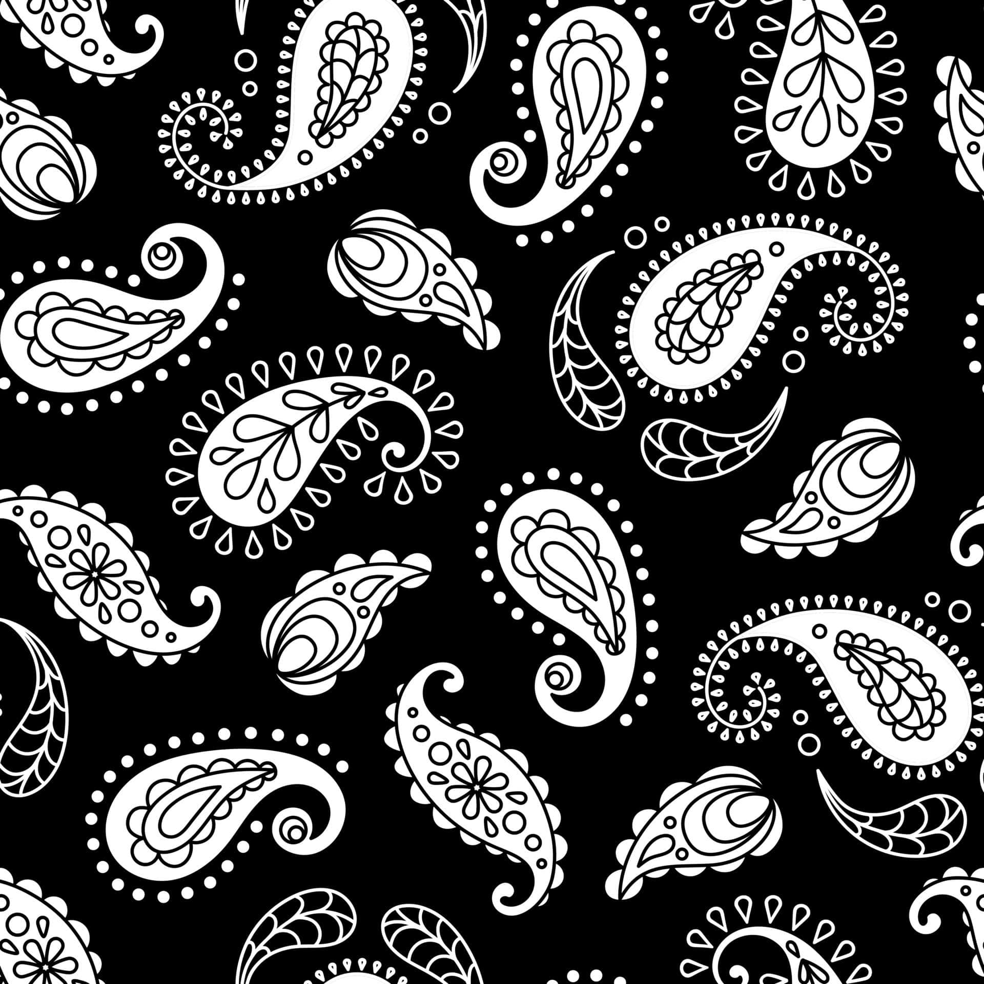 bandana 桌布 壁紙 — 大膽的黑白無縫圖案，包含複雜的佩斯利形狀以及花卉和淚滴圖案。