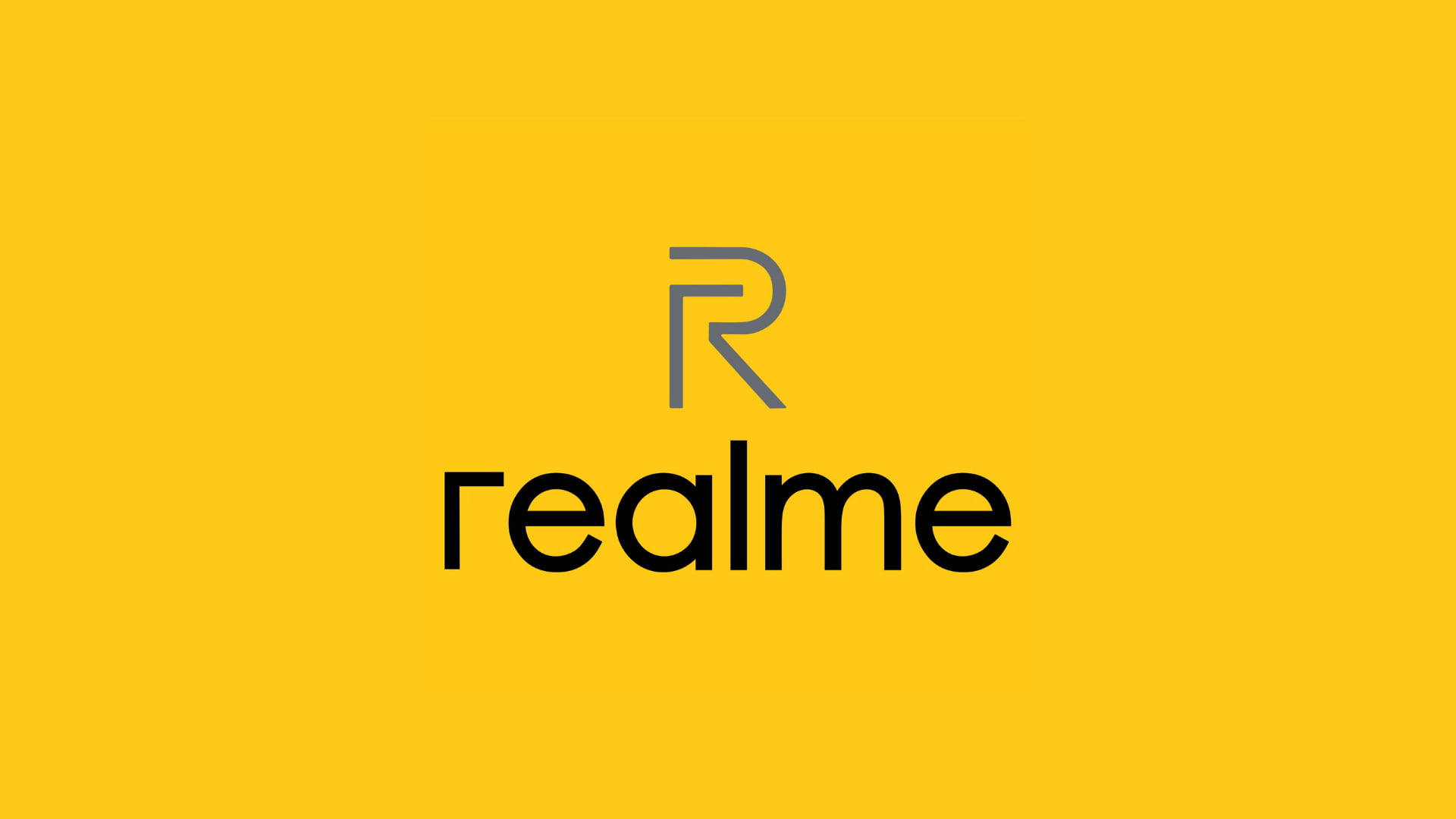 Realme Logo Yellow Desktop 壁紙 — 大膽的黑色realme標誌，在鮮豔的黃色背景上帶有風格化的R。