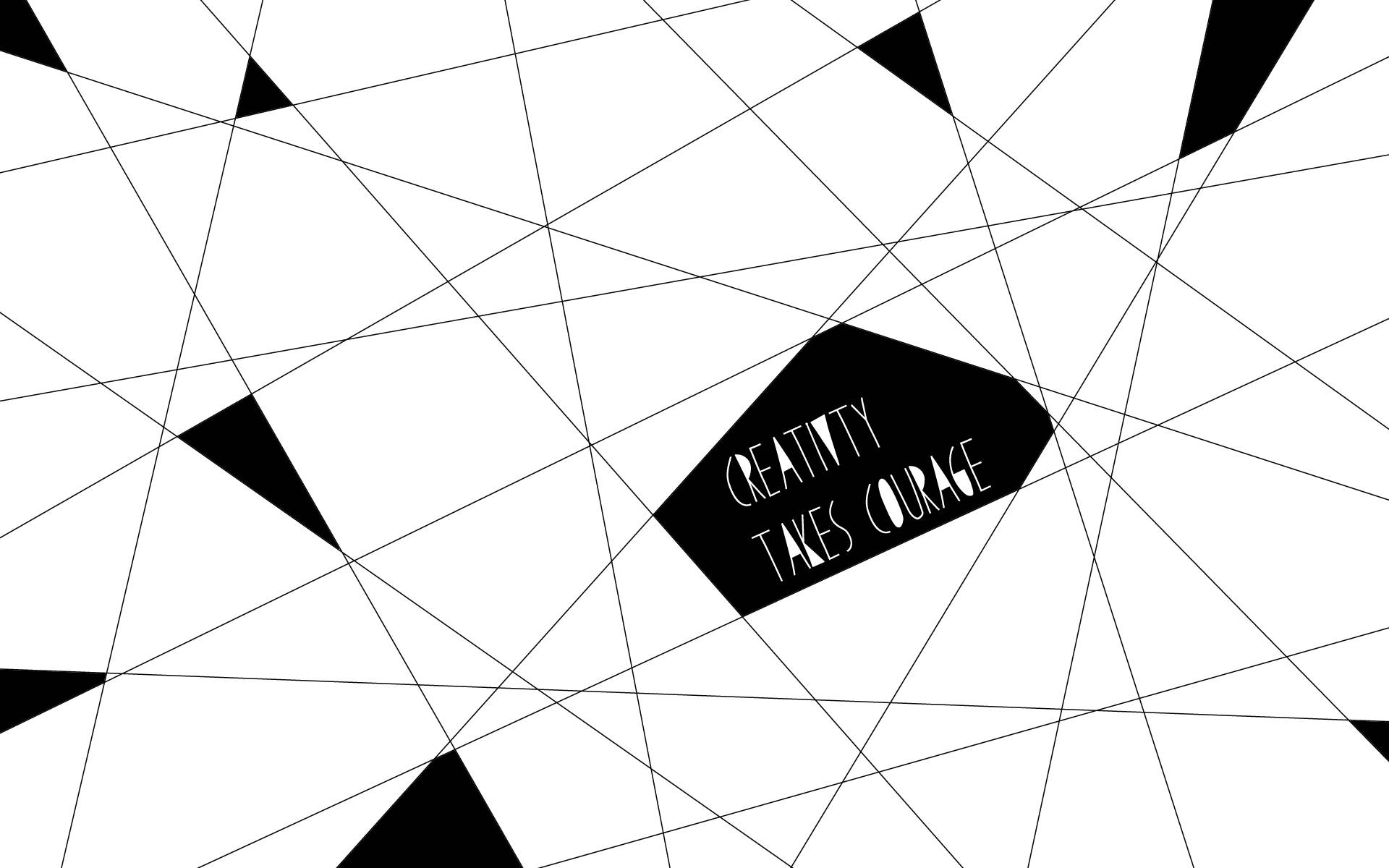 Geometric 桌布 壁紙 — 大膽的黑色幾何形狀和交叉線條框住中央的黑色標籤，上面有白色文字寫著創意需要勇氣。