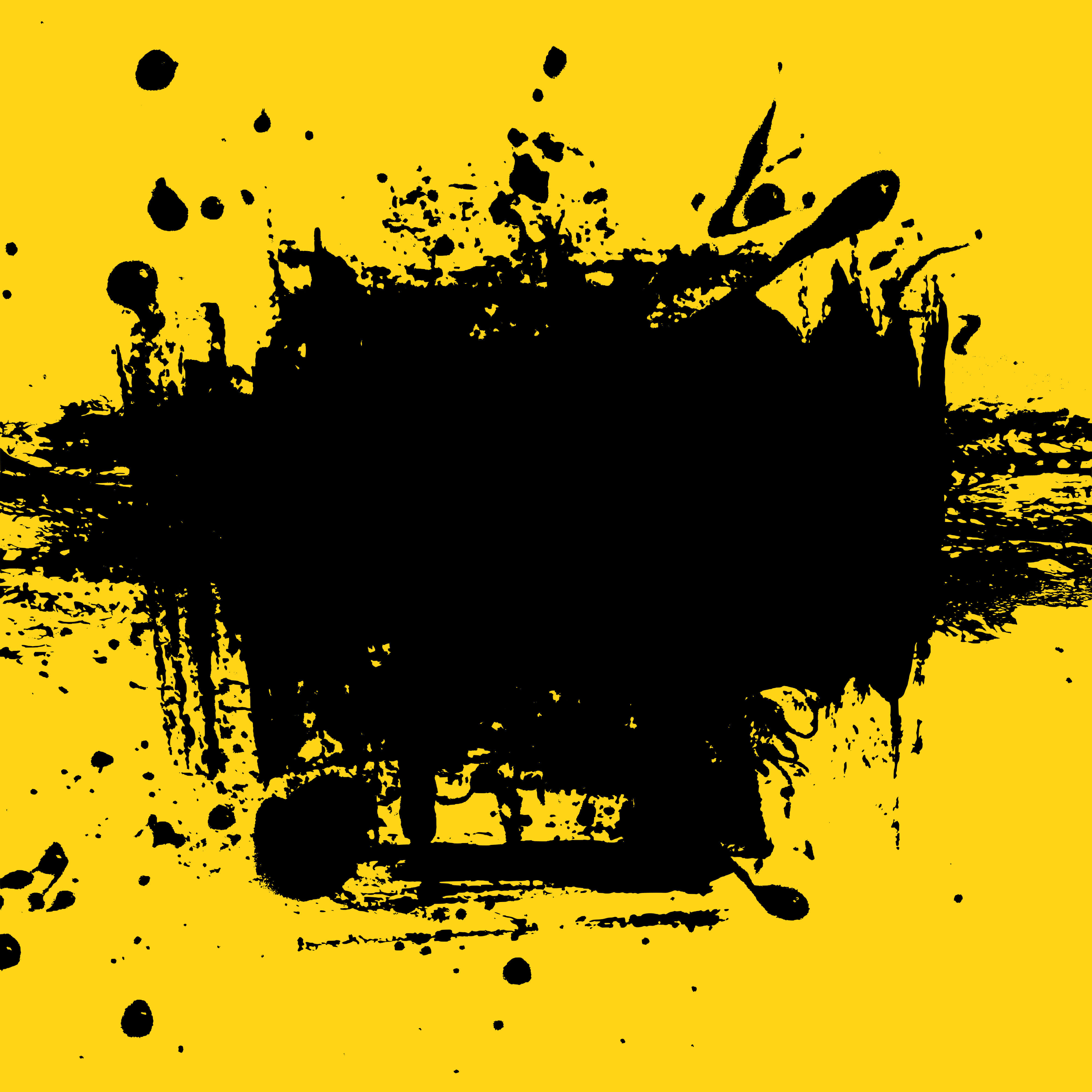 Yellow Grunge 桌布 壁紙 — 大膽的黑色油漆飛濺和滴落，在充滿活力的黃色背景上形成強烈對比，構成動態抽象構圖。