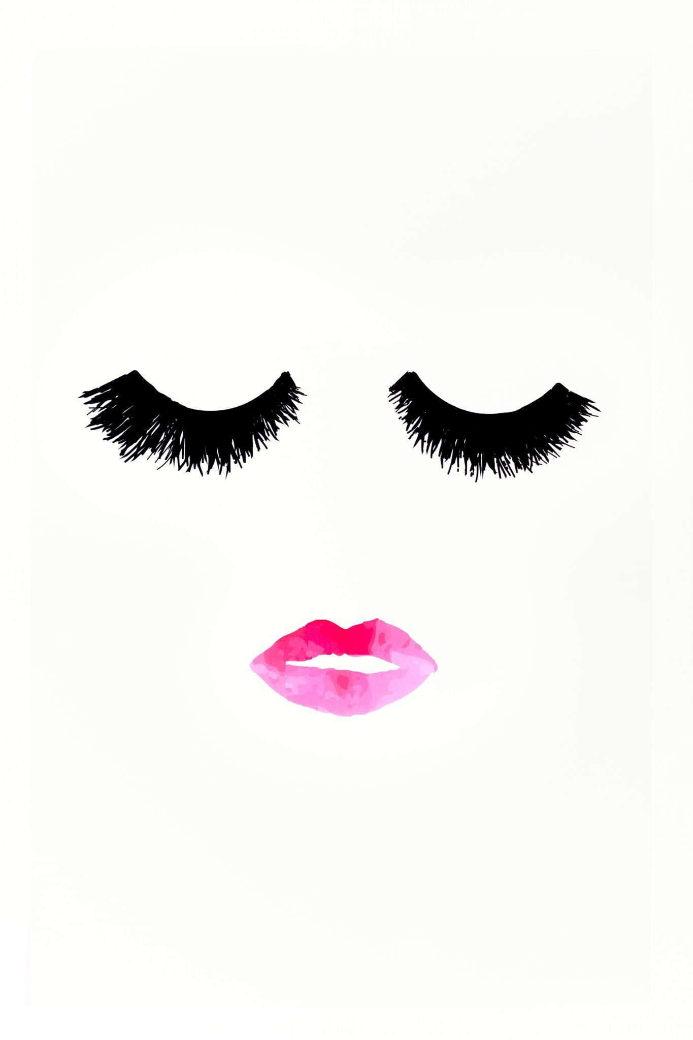 Cute Makeup 桌布 壁紙 — 大膽的黑色睫毛和鮮豔的粉紅嘴唇在純白背景上形成極簡的臉龐。