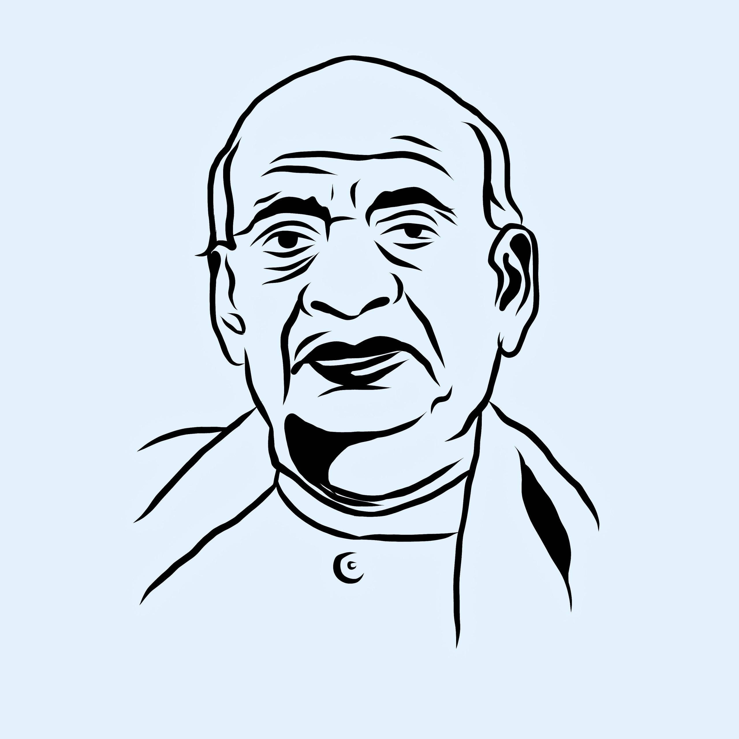 政治 桌布 壁紙 — 大膽的黑色線條藝術肖像，描繪一位光頭男子，眼神銳利，戴著新月吊墜，背景為淡藍色。