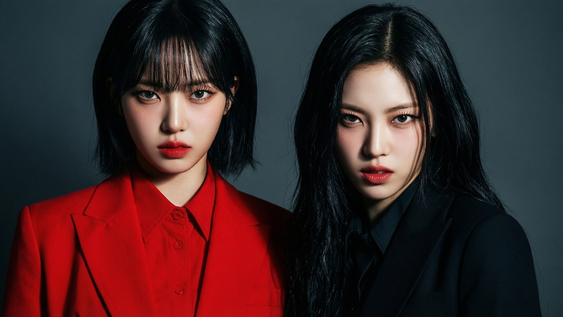TWICE 身穿紅黑造型，表情強勢，燈光充滿戲劇感。