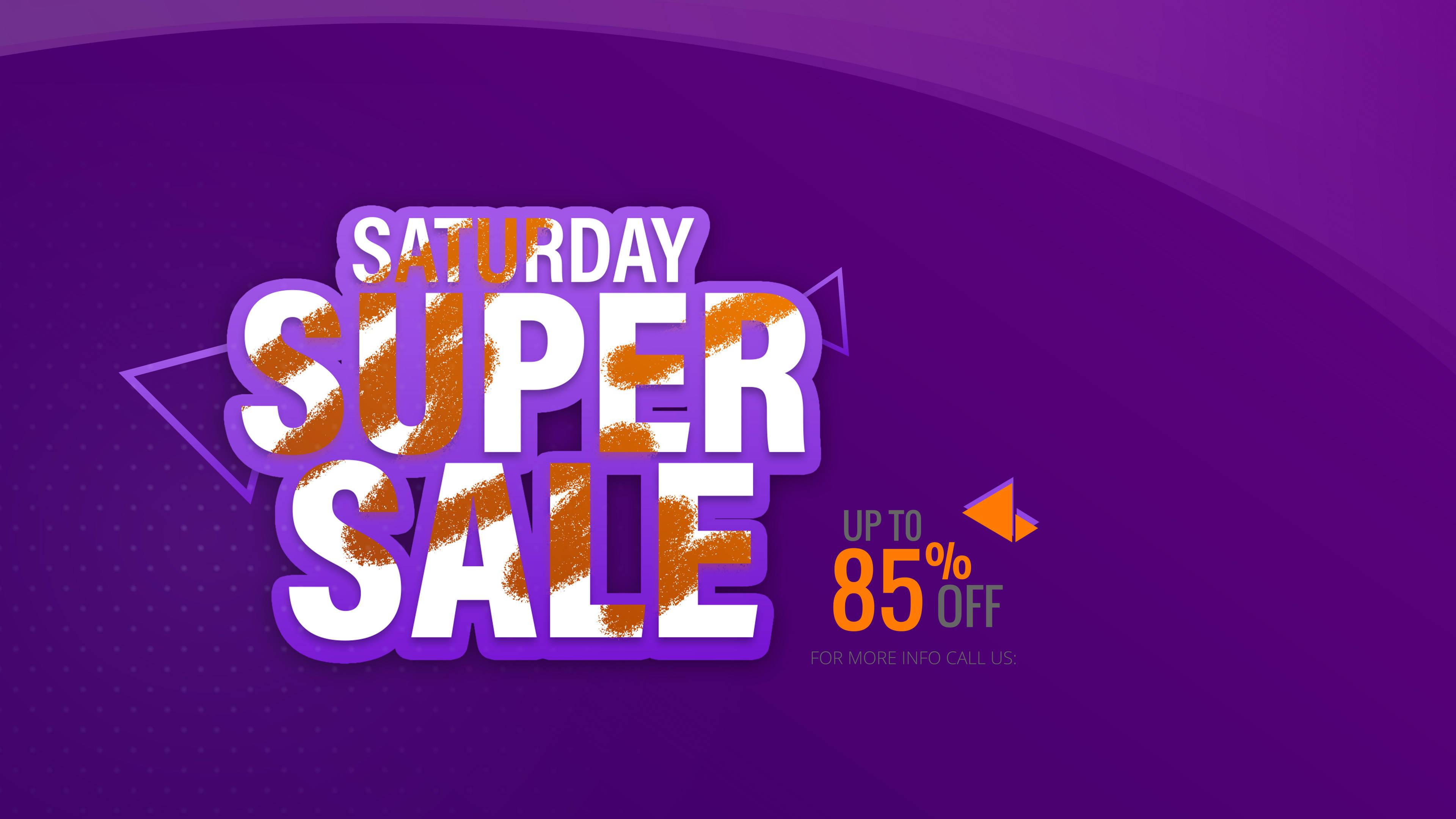 saturday 桌布 壁紙 — 大膽紫色和橙色嘅「Saturday Super Sale」文字，帶有85%折扣推廣，背景係漸變紫色。