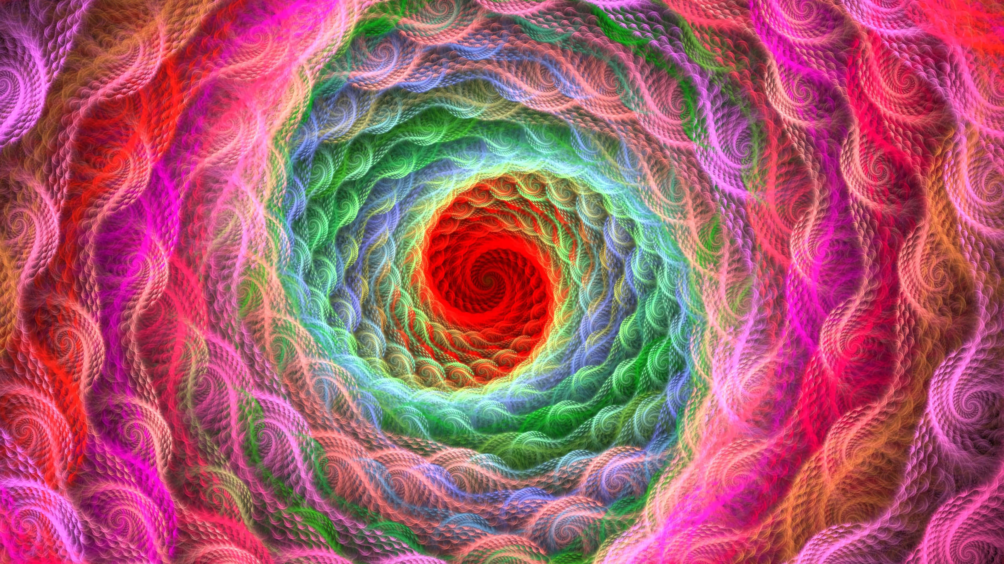 大膽鮮明的色彩 壁紙 — 充滿活力的迷幻螺旋隧道，帶有霓虹紅、綠和粉紅色調的漩渦分形圖案。
