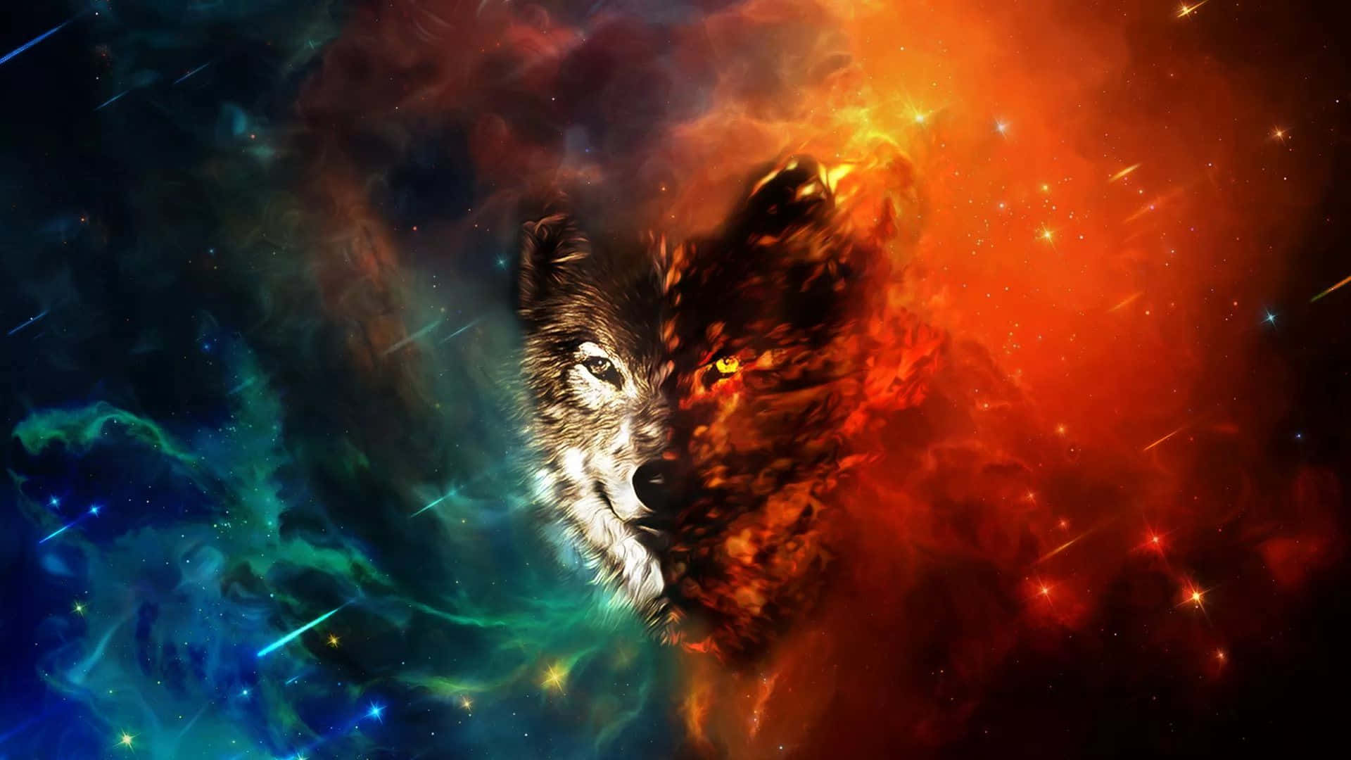 狼頭被宇宙之火和藍色星雲分割，伴隨著星星