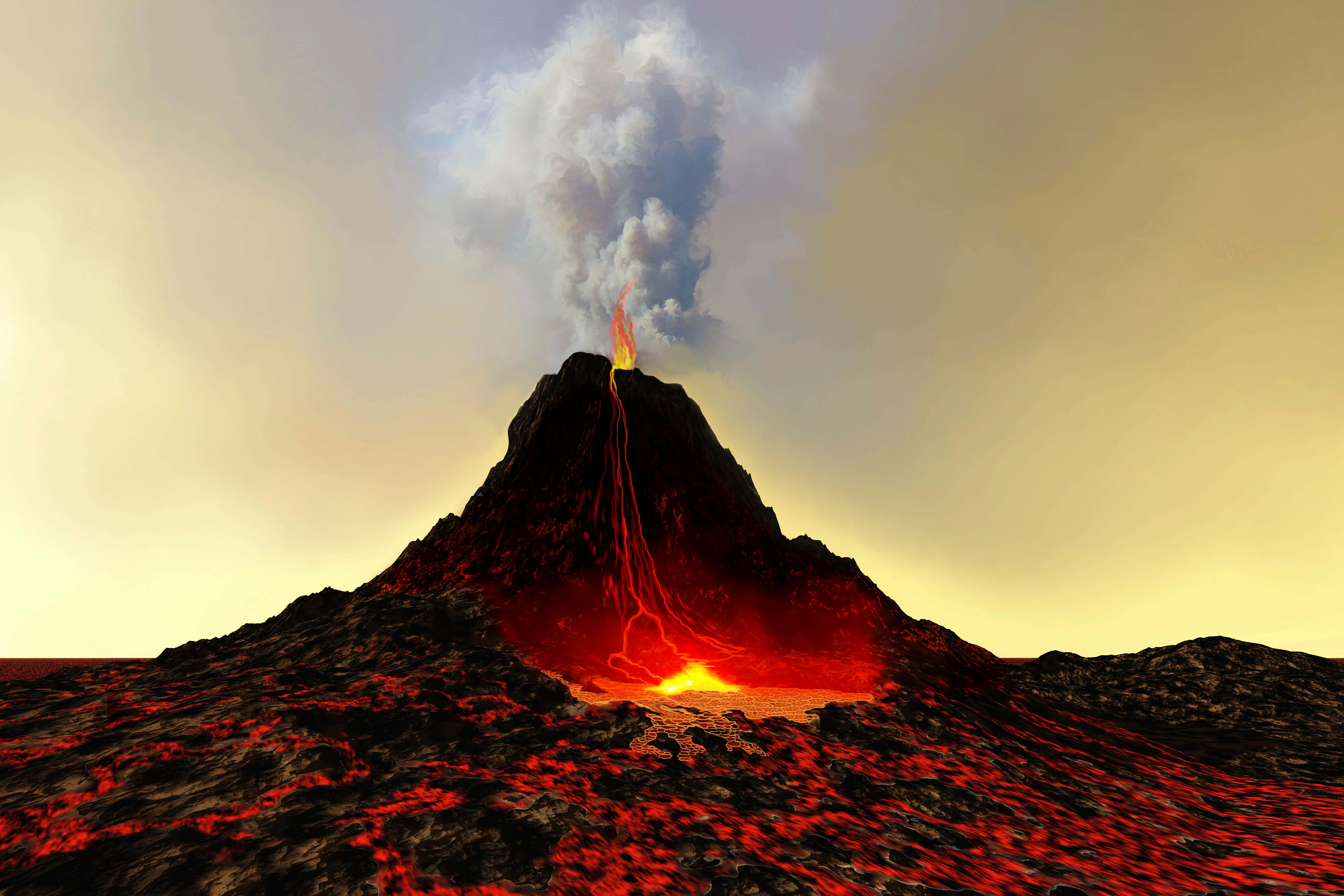 「大自然原始的力量」 壁紙 — 一座高聳的火山爆發，熾熱的熔岩沿著山坡流下，映襯著朦朧的金色天空。