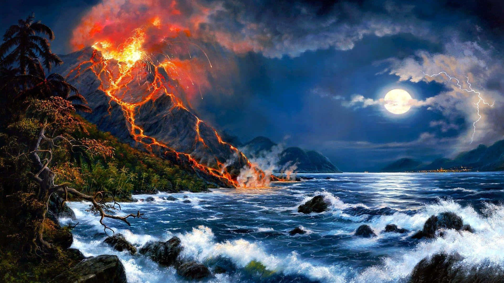 滿月下熔岩流入海洋的夜間火山爆發。