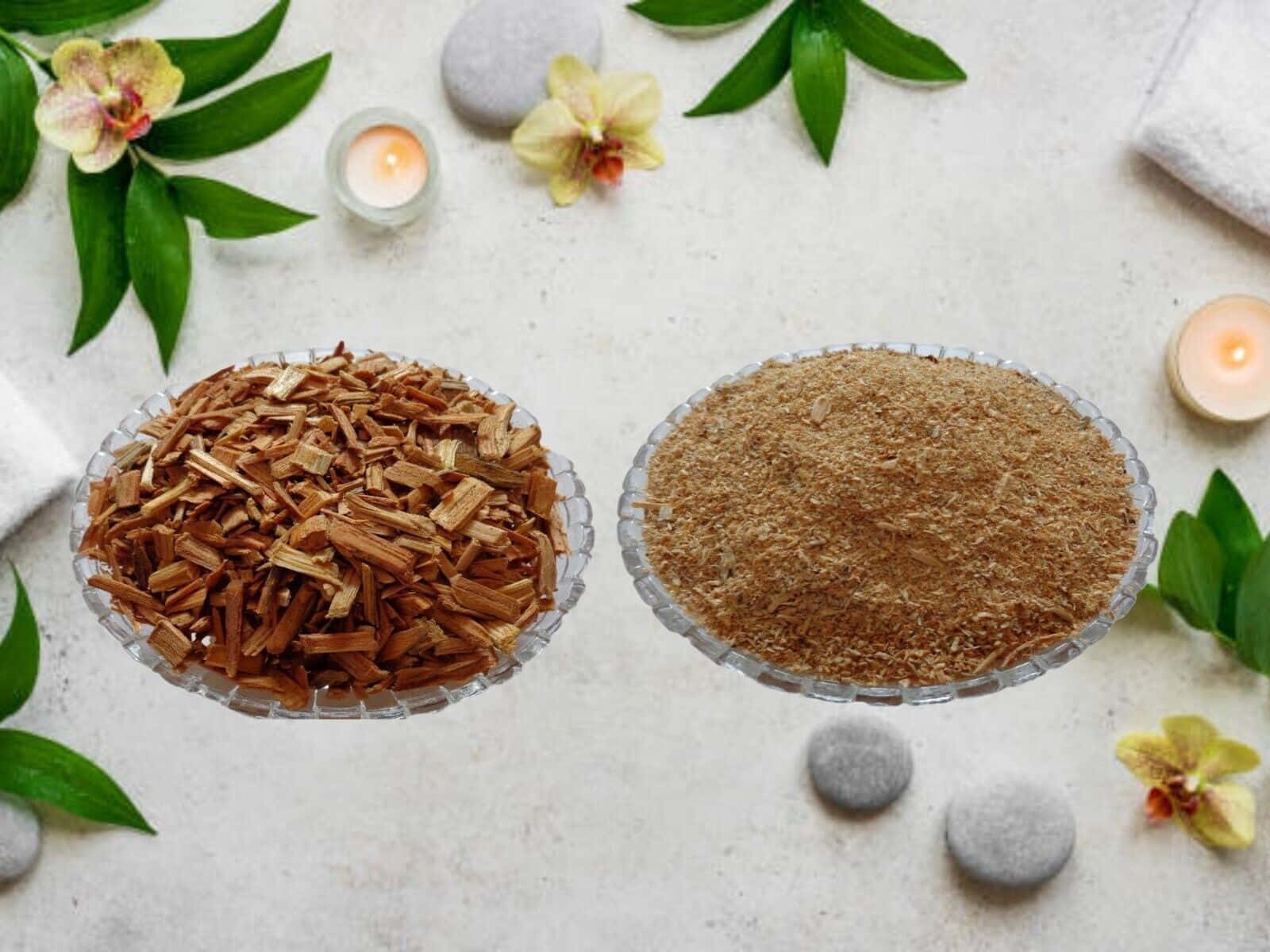 兩個盛載木屑和粉末的碗，配以蘭花、石頭和蠟燭，營造水療氛圍。
