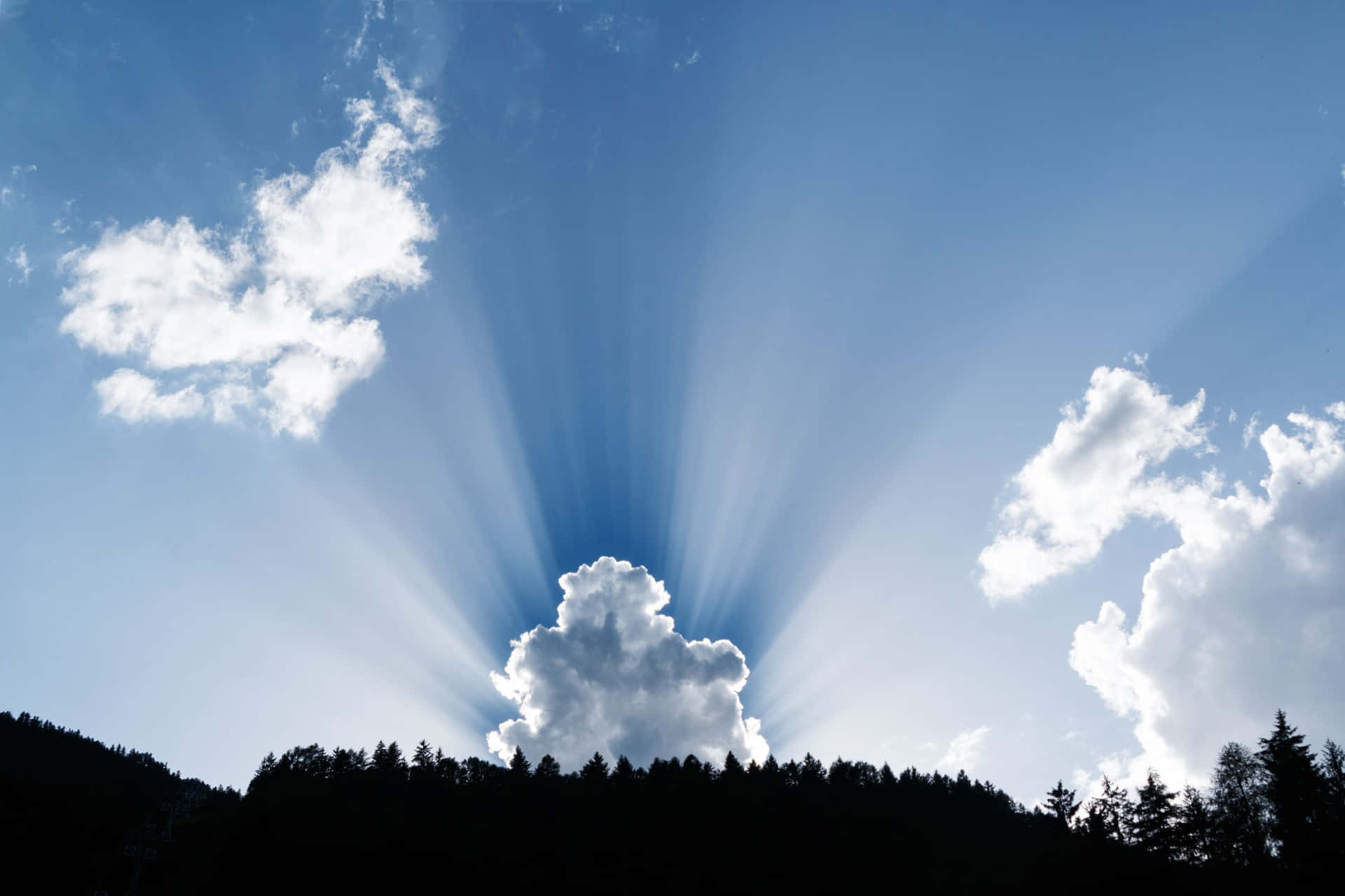 白天陽光穿過雲層照耀在森林上方。