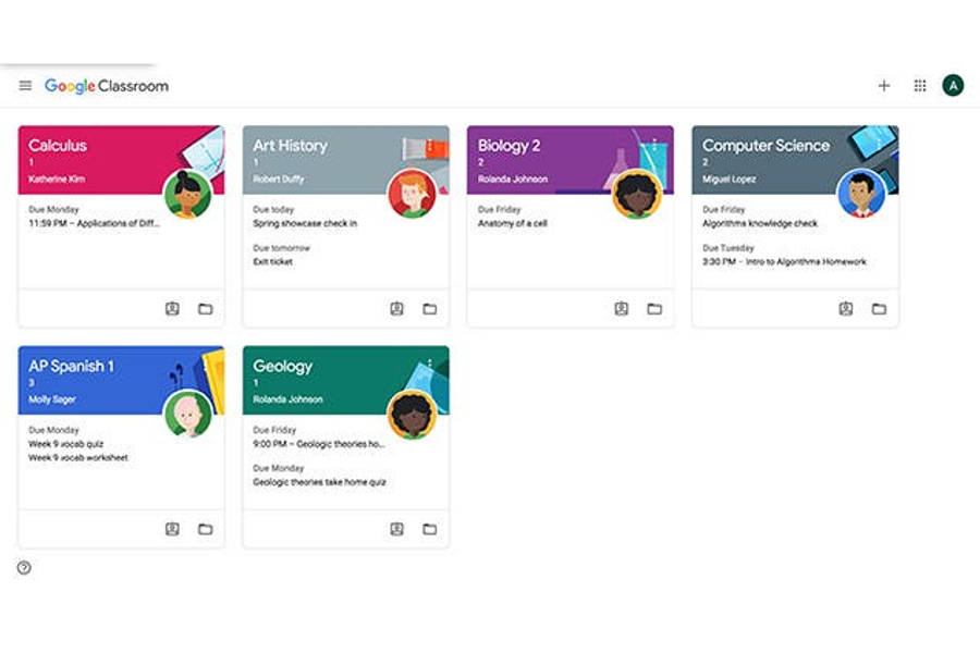 大自然的壯麗風景 壁紙 — Google Classroom 儀表板顯示六張色彩繽紛的班級卡片，包含學生頭像、截止日期和作業。