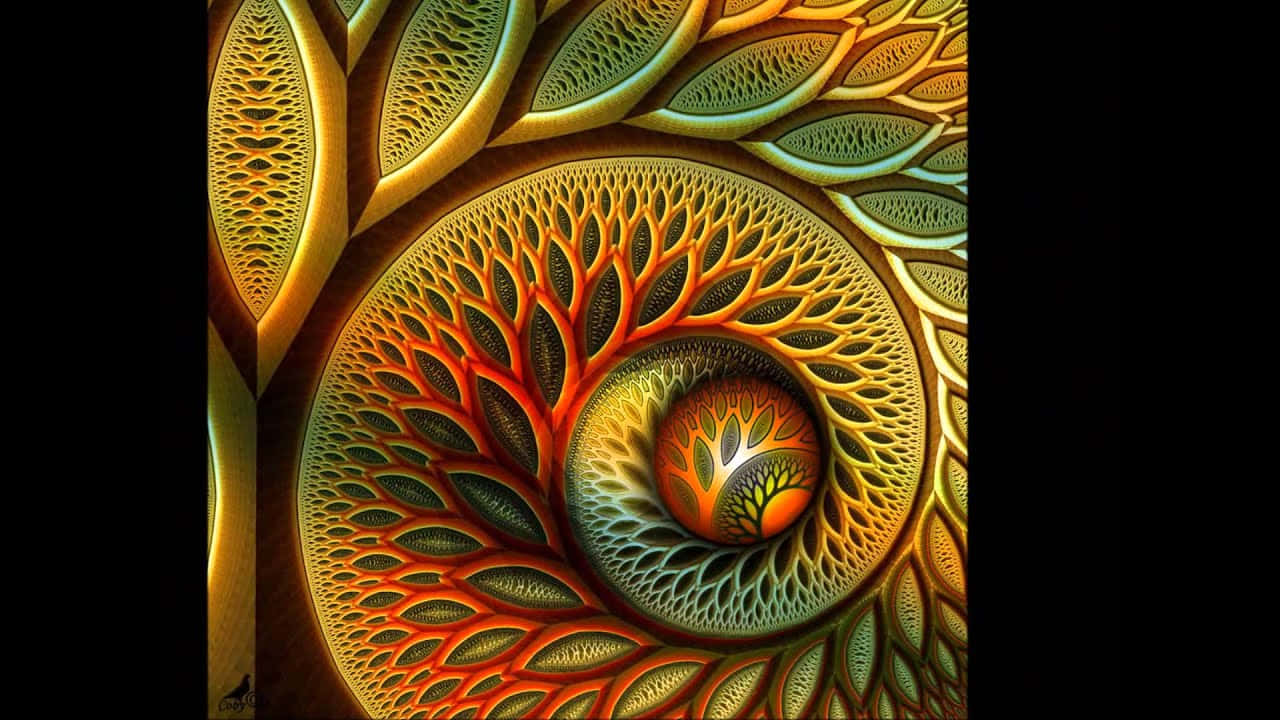 充滿活力的分形螺旋，帶有金橙色和藍綠色的葉子圖案。