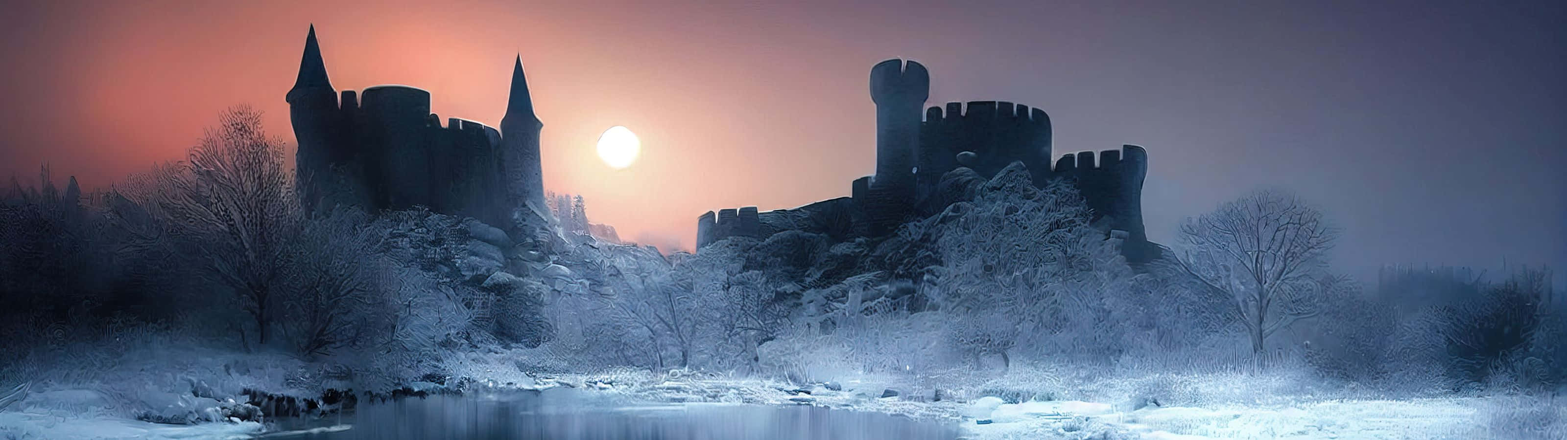 大自然的絕美風光 壁紙 — 一座雄偉的雪覆蓋城堡，在冰凍河流上方的燦爛日落天空映襯下形成剪影。