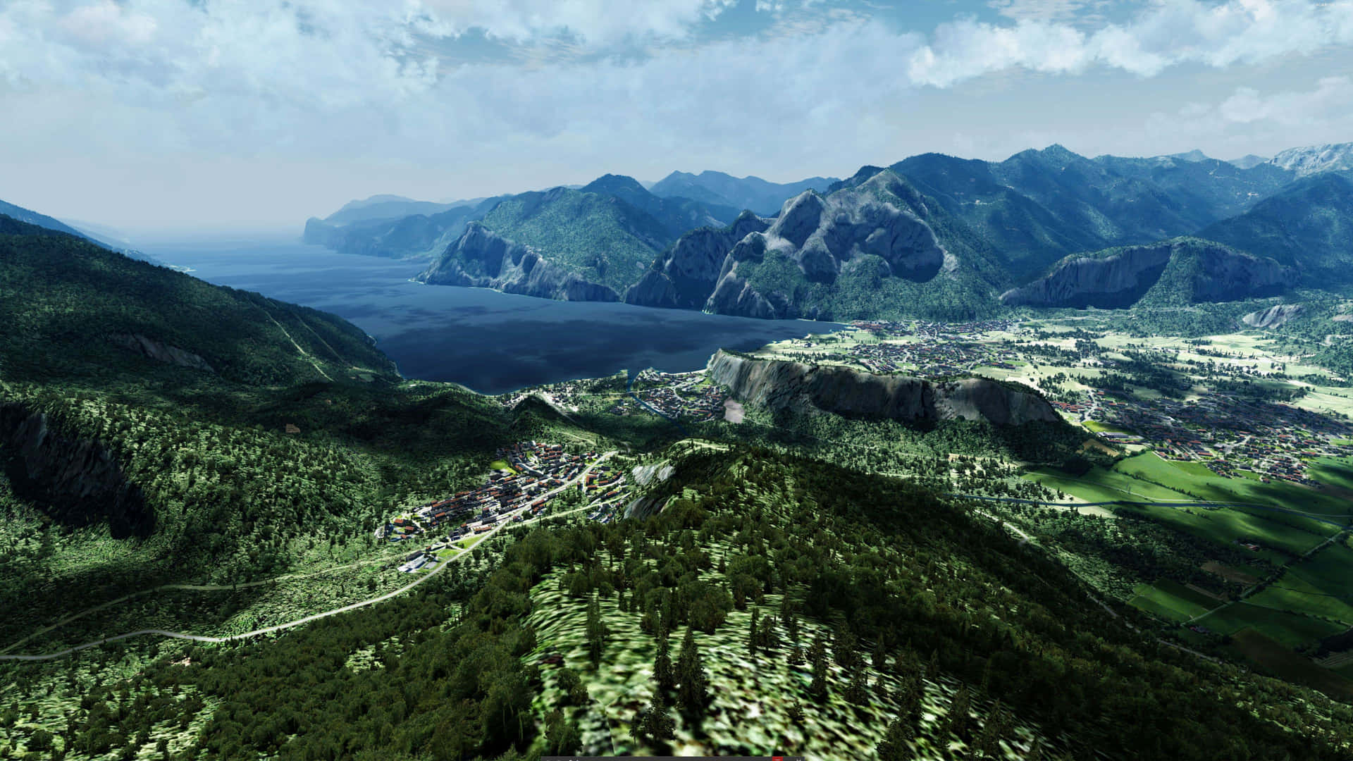 山谷中的村莊，被森林和山峰環繞，天空晴朗
