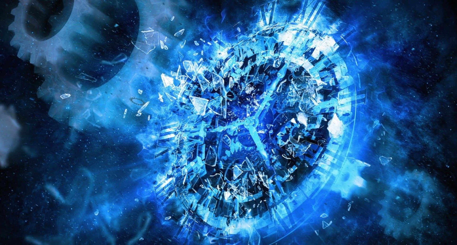 發光的藍色水晶球在太空中，在浮動的機械齒輪和宇宙塵埃中碎裂。