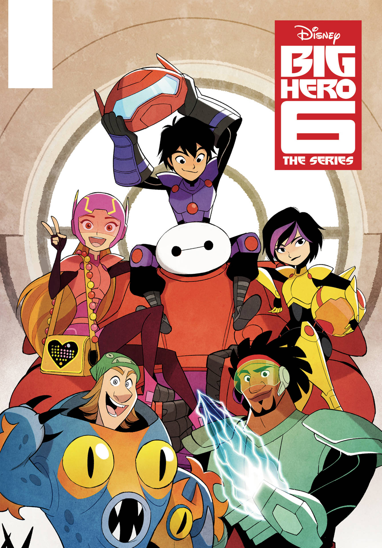 大英雄日記系列 壁紙 — 一張充滿活力的動畫海報，Big Hero 6 the Series 的角色穿著色彩繽紛的服裝，在圓形建築背景前英勇地擺出姿勢。