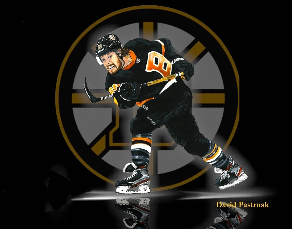 大衛·帕斯特納克波士頓棕熊隊向量藝術 壁紙 — 冰球運動員 David Pastrnak 身穿黑金配色 Bruins 球衣，在深色背景上動感滑行，背景有球隊標誌。