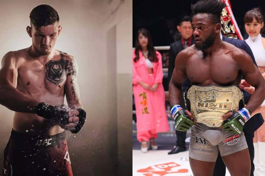 兩名MMA拳手，一名用粉筆手套準備，另一名舉起冠軍腰帶。