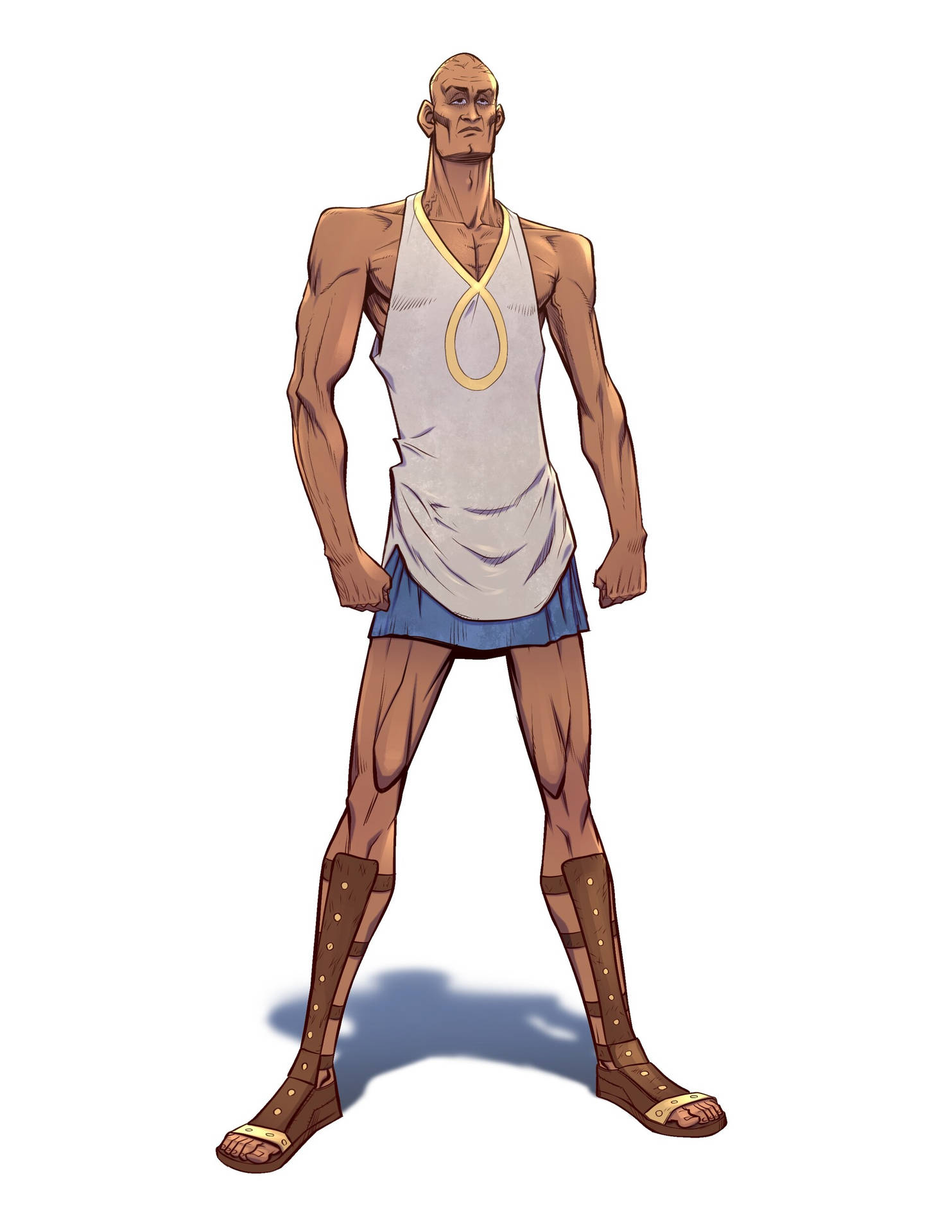 一個肌肉發達的光頭男子穿著古希臘服裝，表情嚴肅。