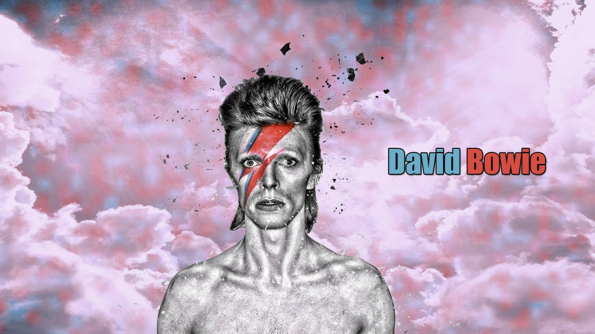 David Bowie 以閃電妝容，背景為色彩繽紛的雲層。