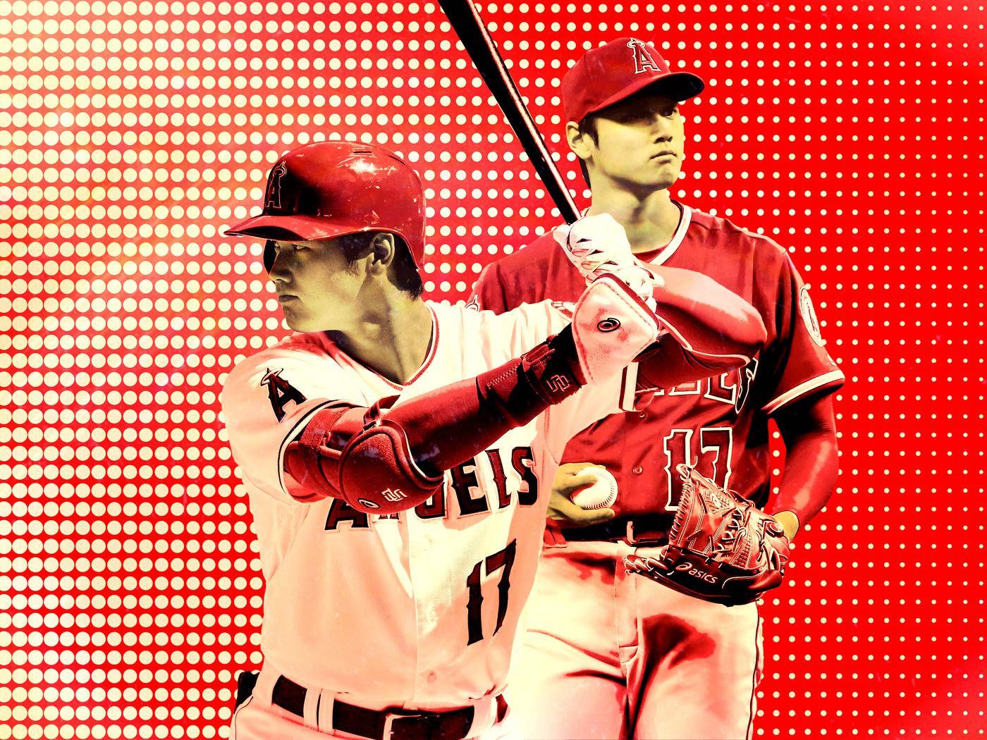 大谷翔平球迷創作藝術 壁紙 — 兩名身穿天使隊球衣的棒球運動員在充滿活力的紅色圓點背景前擺姿勢，一人揮棒，另一人戴著手套。