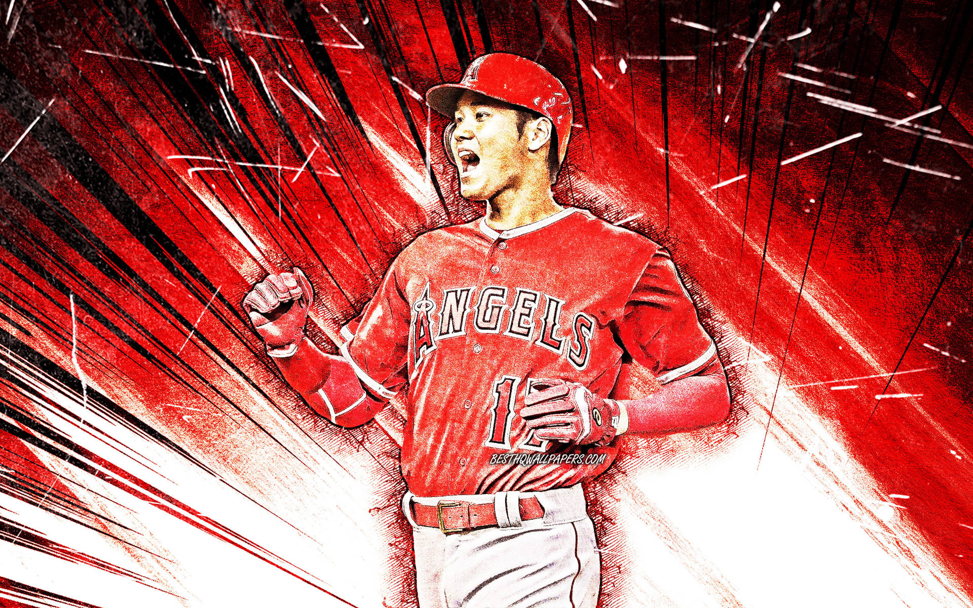 大谷翔平紅白球迷創作照 壁紙 — 一名身穿紅色天使隊球衣的棒球運動員，在動感的紅黑條紋背景前發出勝利的怒吼。