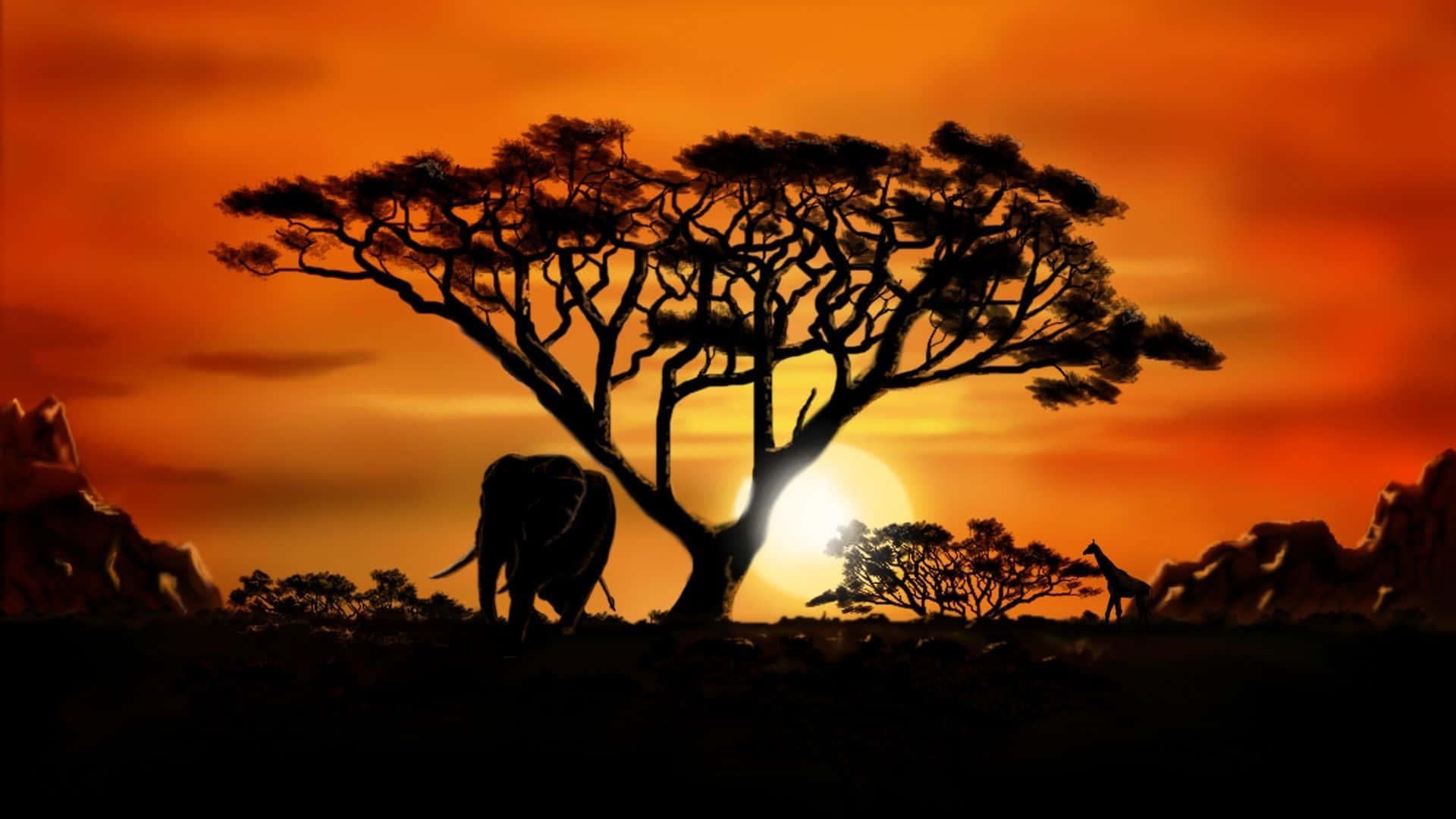 African Landscapes 桌布 壁紙 — 大象和長頸鹿的剪影站在一棵枝葉茂密的金合歡樹下，夕陽以火熱的橙色和紅色色調落下。