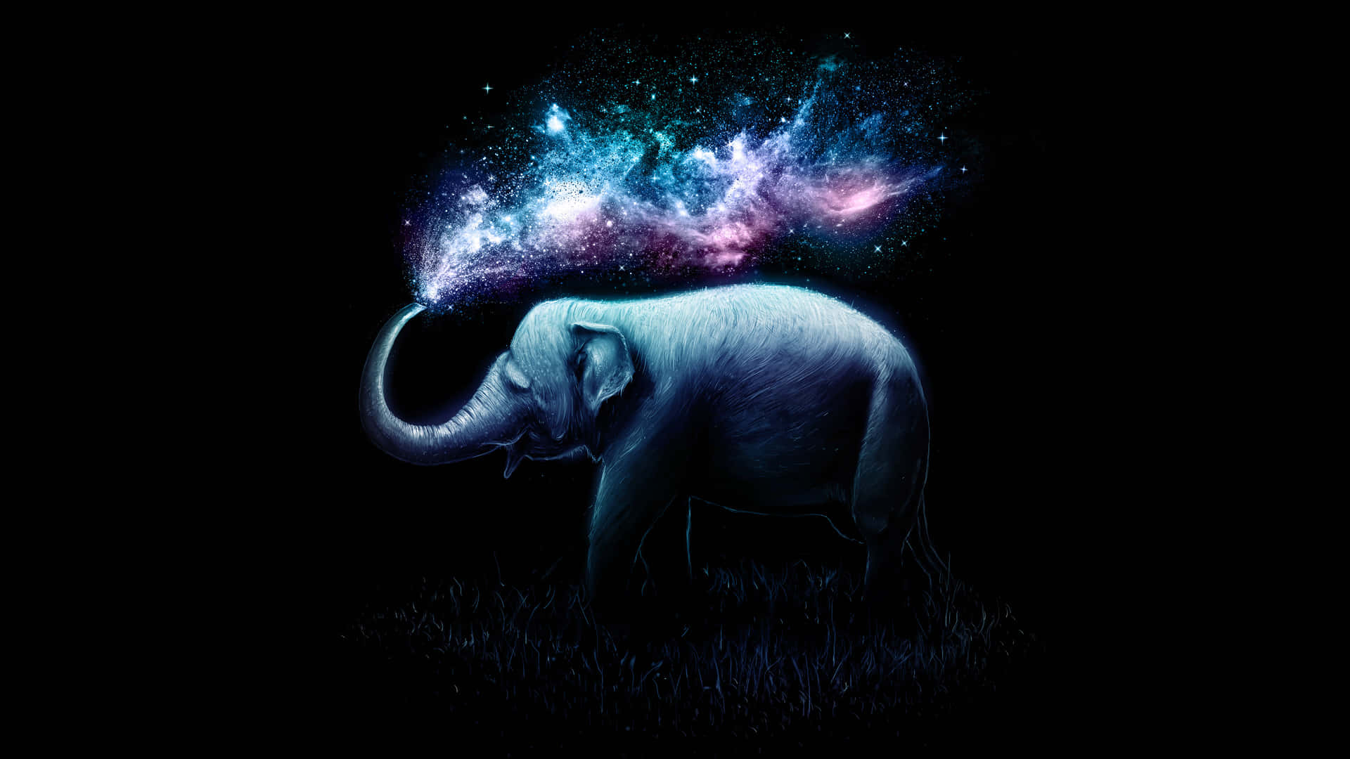 大象的象鼻中出現宇宙星雲，背景為黑暗。