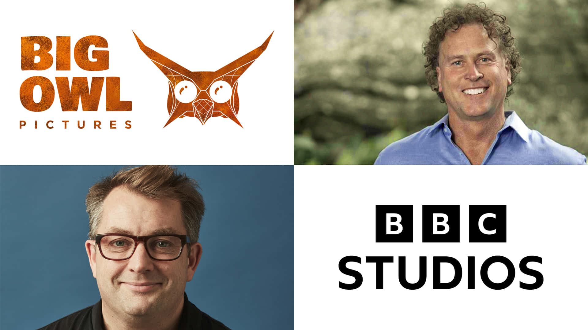 兩名男士在工作室肖像中，帶有Big Owl Pictures和BBC Studios標誌。