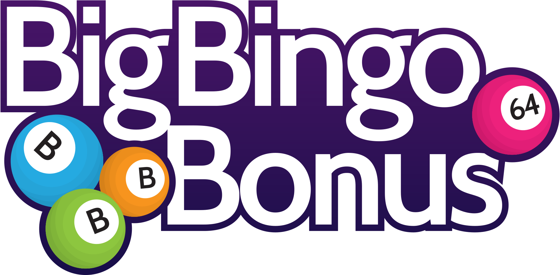 大賓果獎金標誌 壁紙 — 粗體白色文字在紫色背景上寫著 BigBingo Bonus，並帶有彩色賓果球，上面有字母和數字。