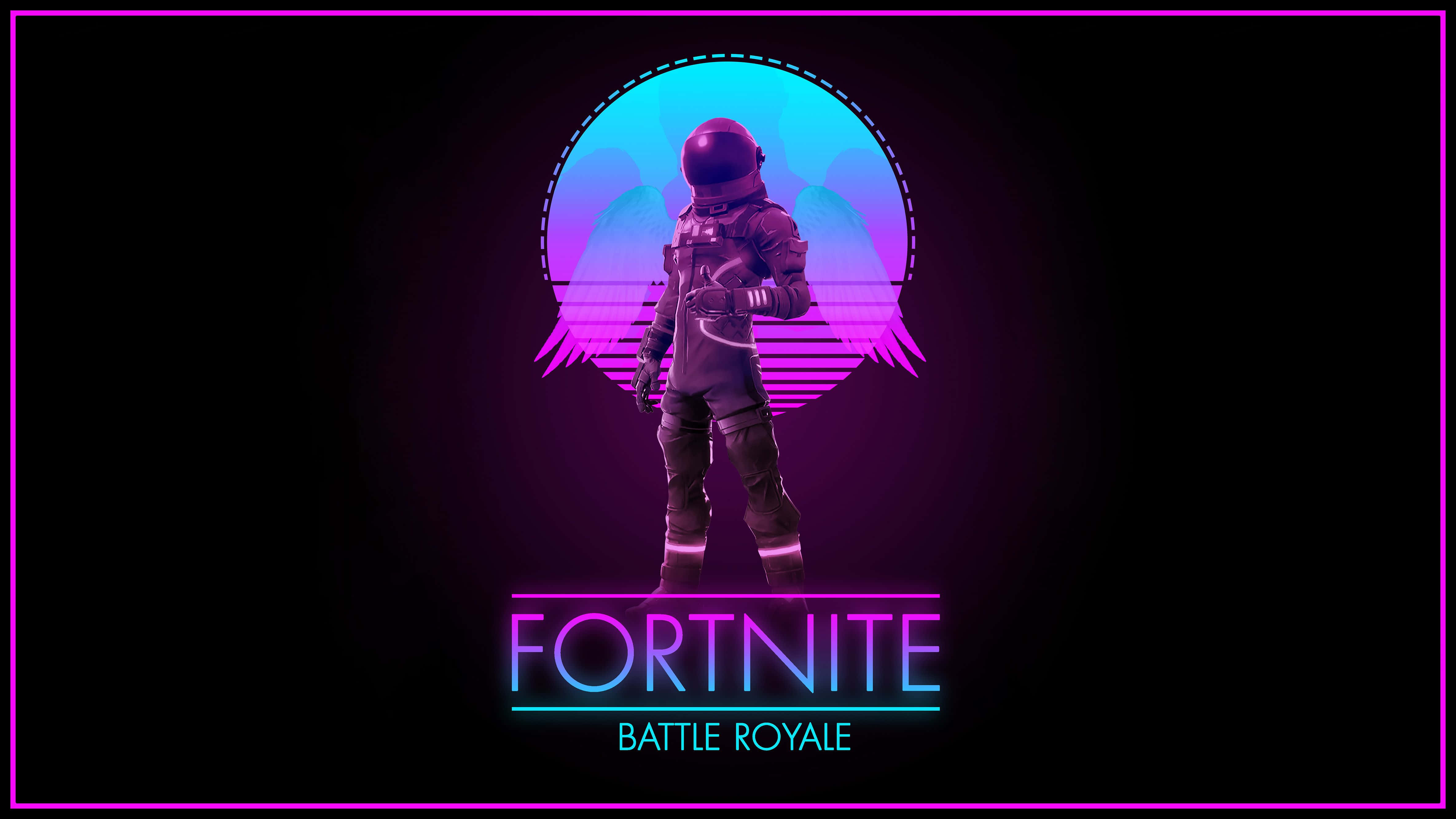 大逃殺遊戲《Fortnite》現已登場，全新酷炫標誌 壁紙 — 一個Fortnite太空人站在發光的霓虹月亮前，月亮帶有紫色和藍色漸變，背景為黑色。