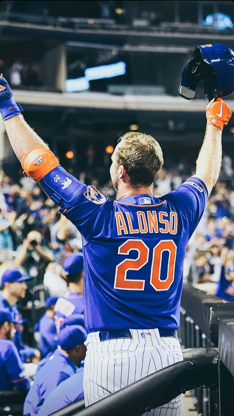 棒球手Alonso在球場人群中高舉雙臂慶祝勝利。