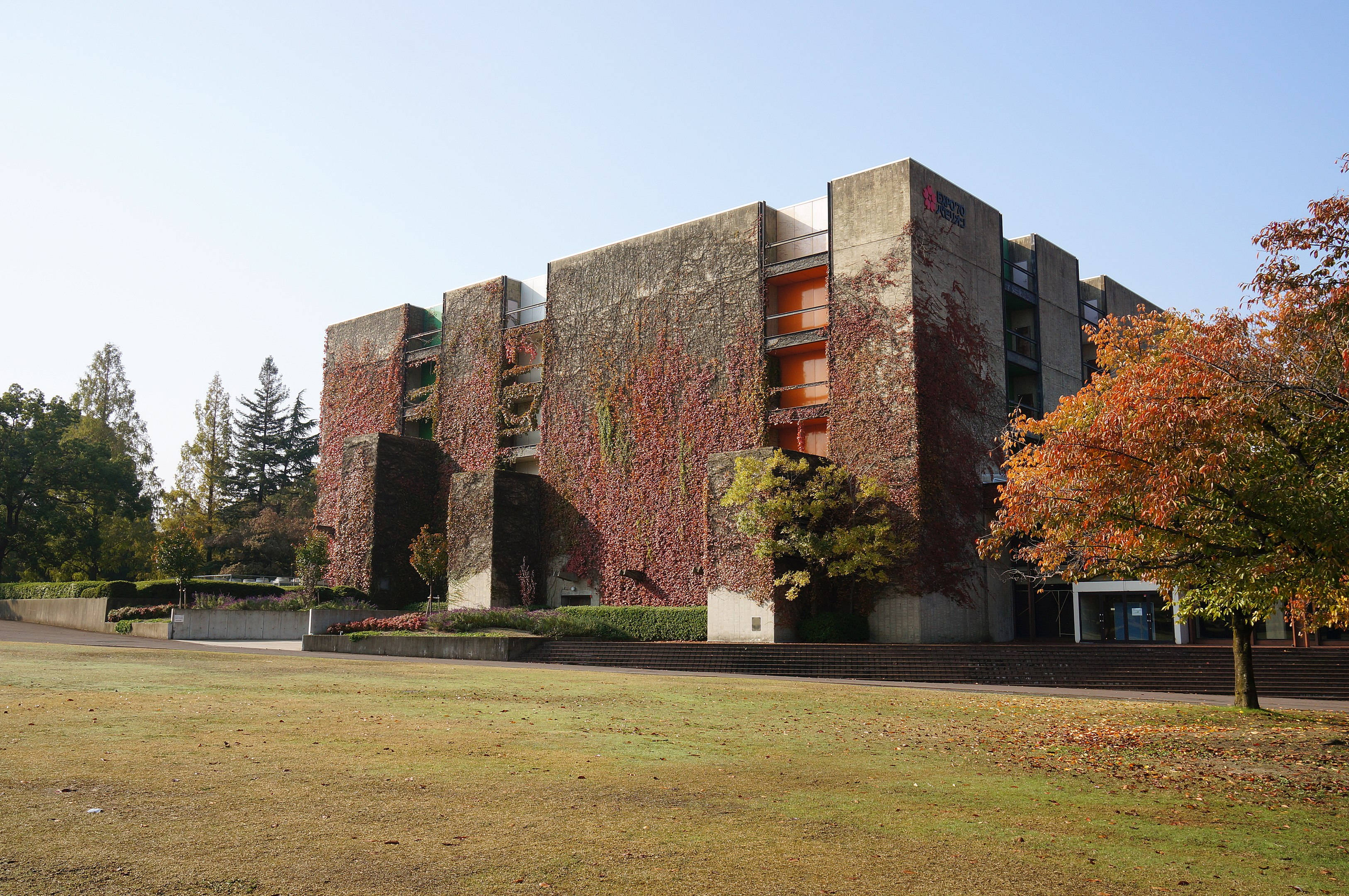 大阪世博館 壁紙 — 一座現代混凝土建築覆蓋著鮮豔的紅色秋季藤蔓，在晴朗的藍天下，附近有色彩繽紛的樹木。