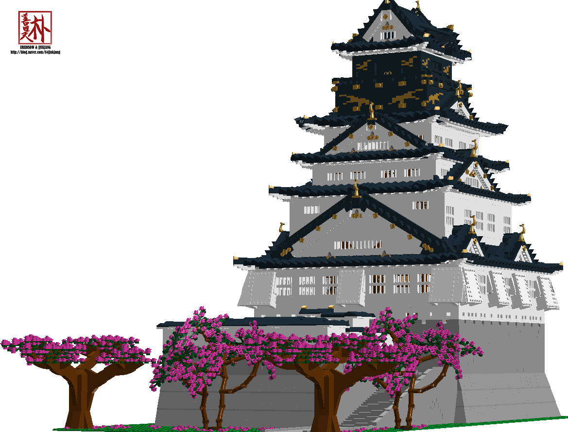 大阪城像素藝術 壁紙 — 一座像素藝術風格的日本城堡，擁有黑色屋頂和金色點綴，矗立在盛開的粉紅色櫻花樹後方。