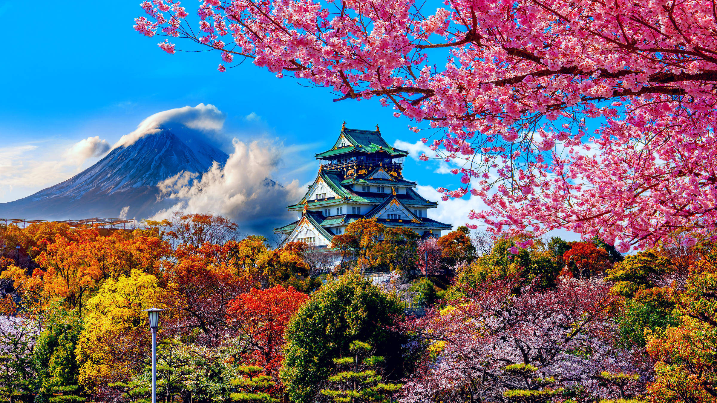 大阪城與富士山 壁紙 — 傳統日本城堡，襯以鮮豔粉紅櫻花，背後富士山在晴朗藍天下聳立。