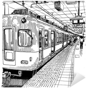 大阪火車站素描 壁紙 — 一幅詳細的黑白線條畫，描繪火車在車站月台上，乘客正在等候。