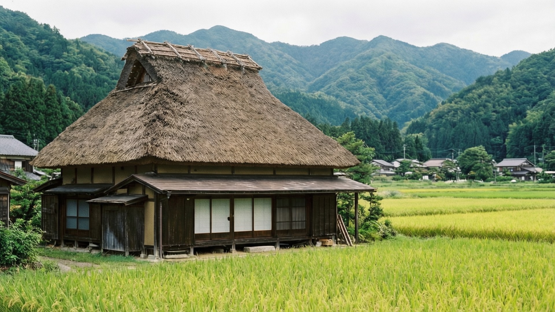 傳統茅草屋頂日本農舍，旁邊有稻田和山脈